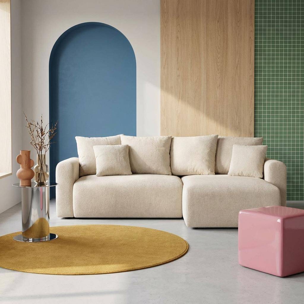 Narożna kanapa rozkładana dwustronna, 3-osobowa, szaro-beżowa tkanina szenilowa i pojemnik do przechowywania - Almo Photo1