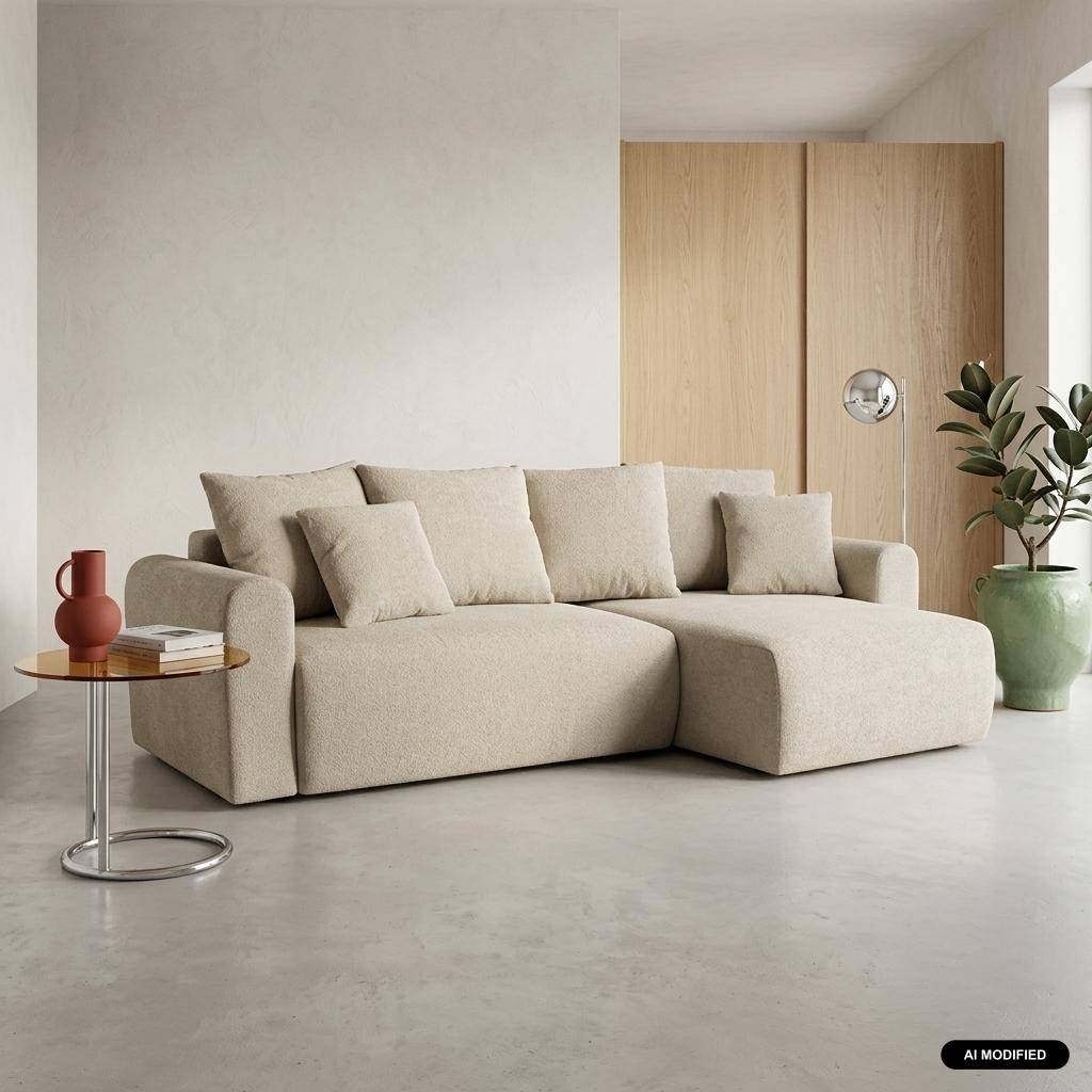 Sofá de chenilla esquinero reversible, 3 plazas  Gris beige - 240x147x85 cm Photo1