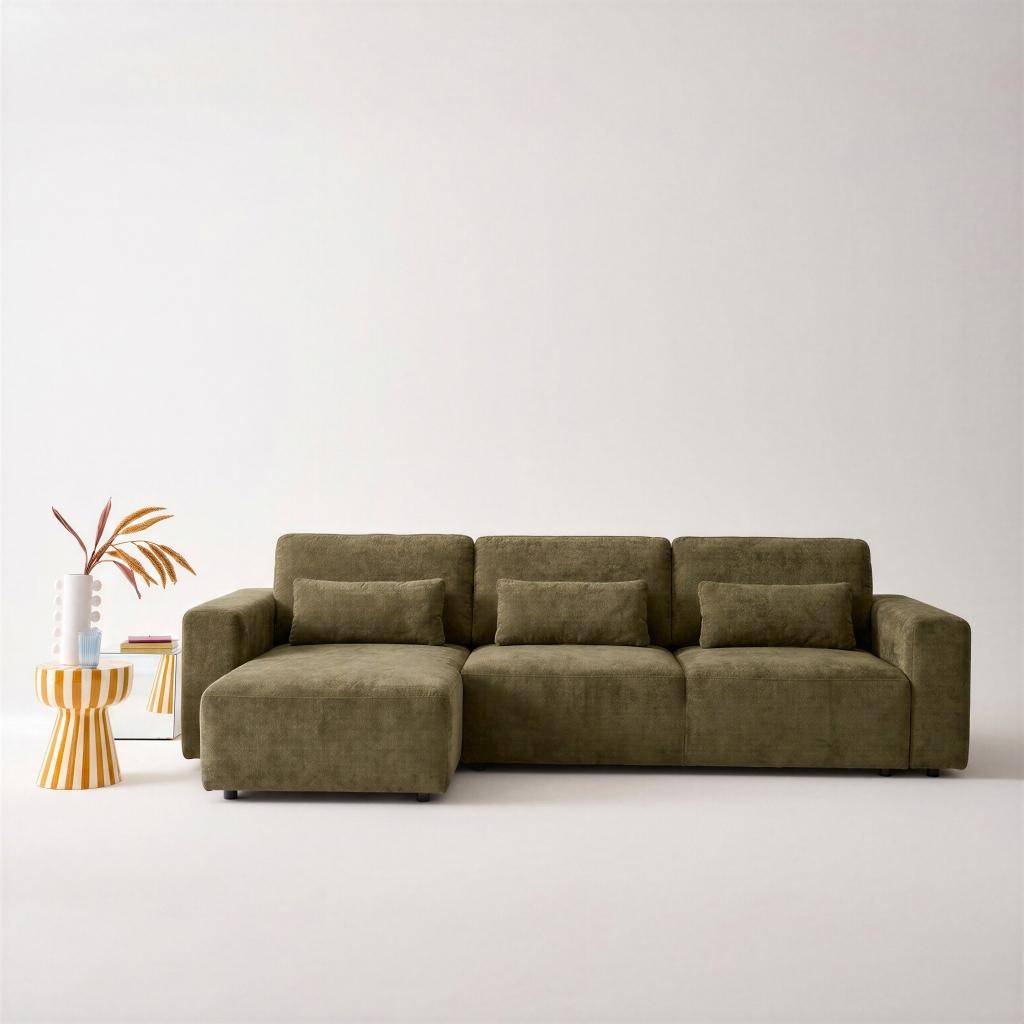 Canapé d'angle convertible réversible 5 places tissu chenille avec coffre de rangement kaki - Theo Photo1