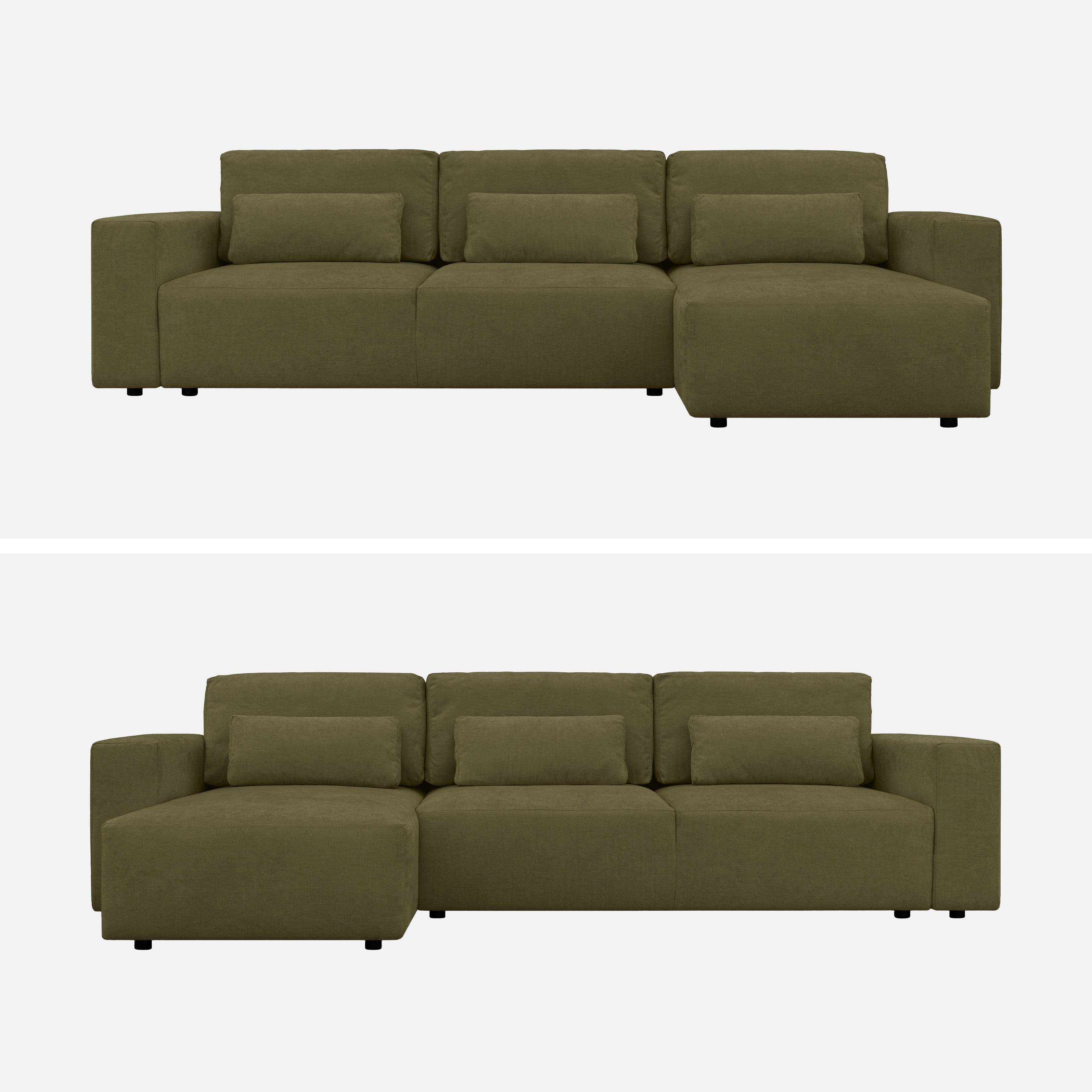 Canapé d'angle convertible réversible 3 places tissu chenille avec coffre de rangement kaki - Theo Photo2