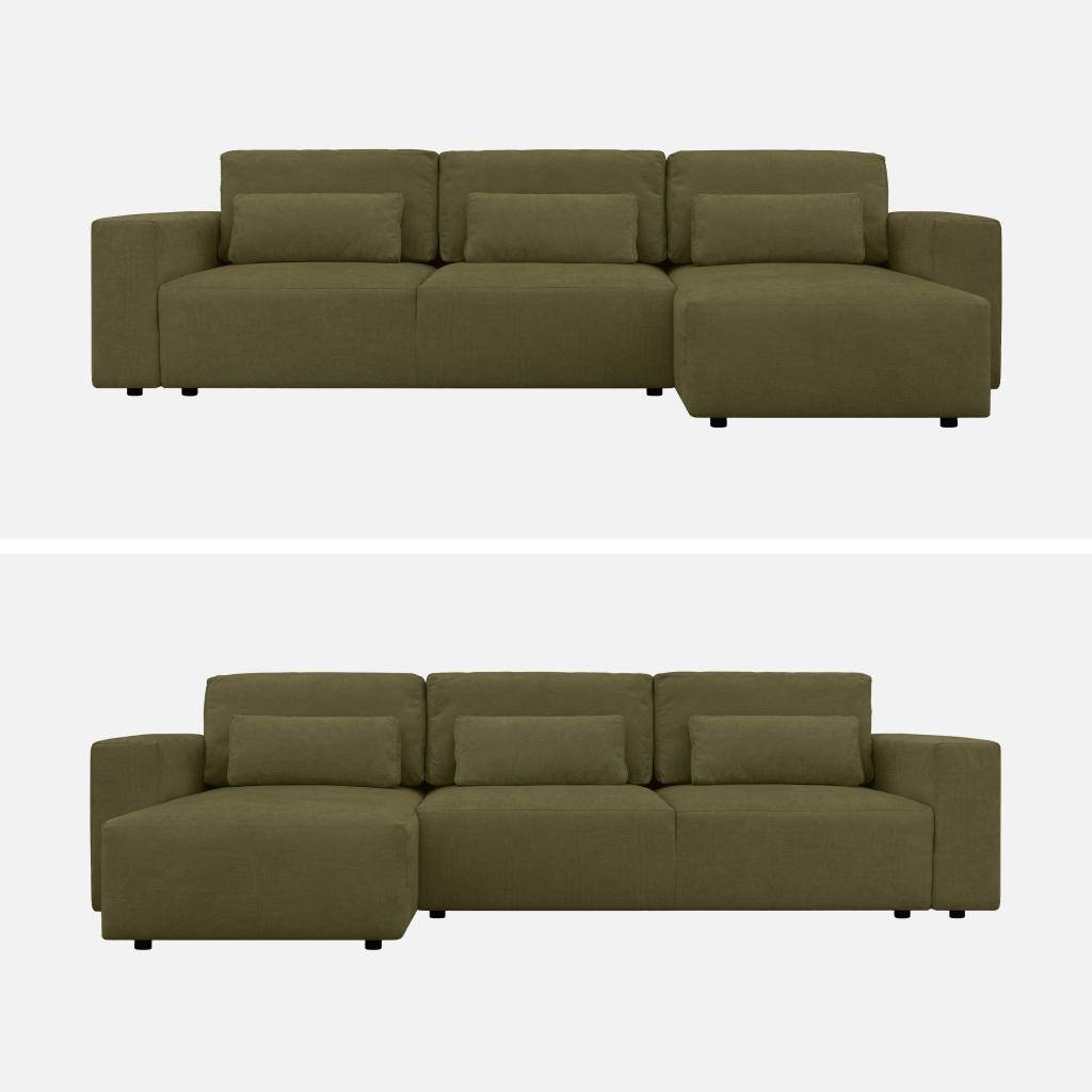 Canapé d'angle convertible réversible 5 places tissu chenille avec coffre de rangement kaki - Theo Photo5