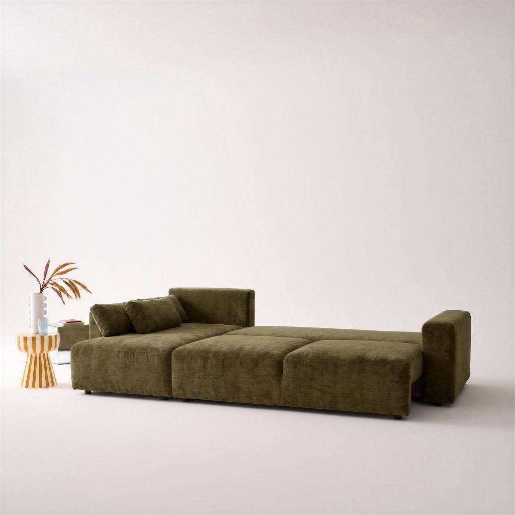 Canapé d'angle convertible réversible 5 places tissu chenille avec coffre de rangement kaki - Theo Photo3
