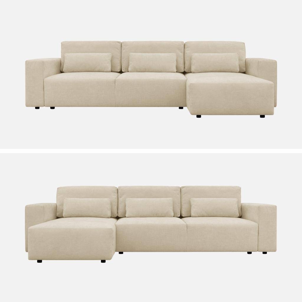 Canapé d'angle convertible réversible 3 places tissu chenille avec coffre de rangement beige - Theo Photo3