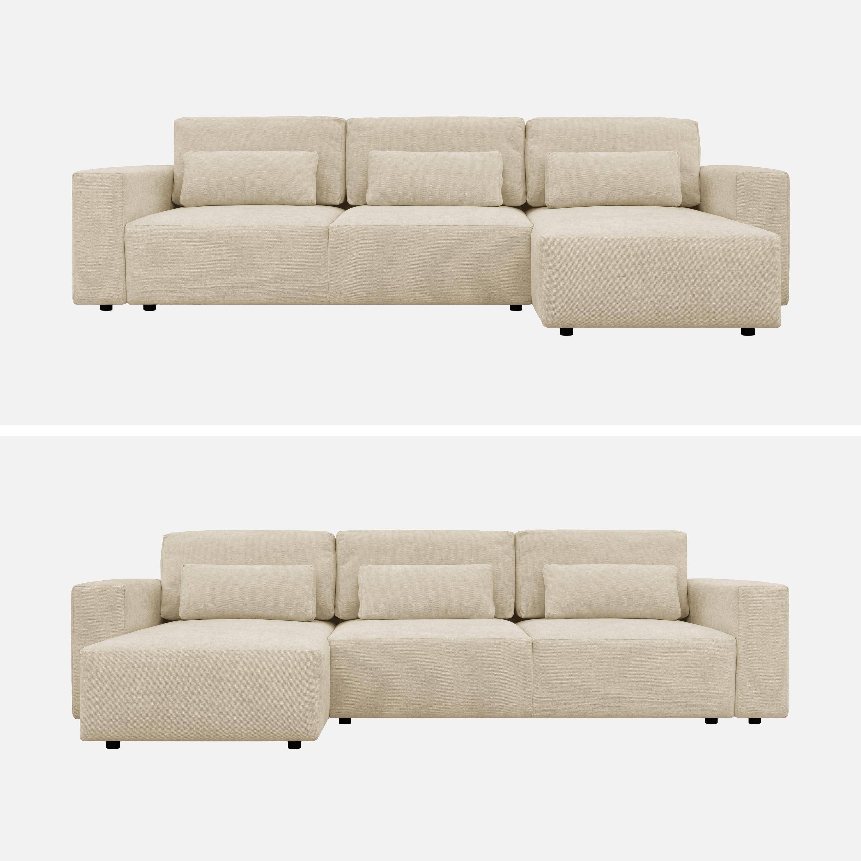 Canapé d'angle convertible réversible 3 places tissu chenille avec coffre de rangement beige - Theo Photo2