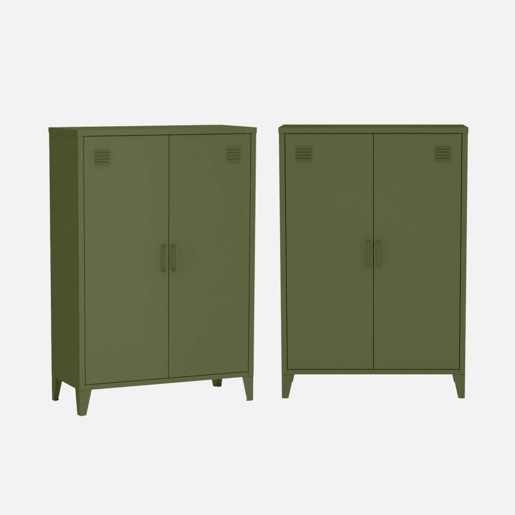 Cómoda/armario de metal de 2 puertas, set de 2, Verde kaki