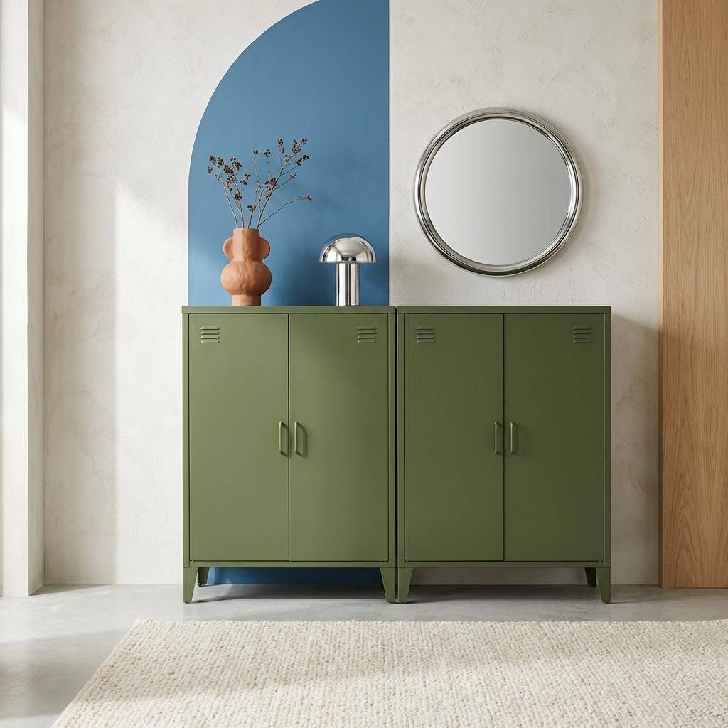 Cómoda/armario de metal de 2 puertas, set de 2, Soho, Verde kaki, 75x33x110 cm Photo1
