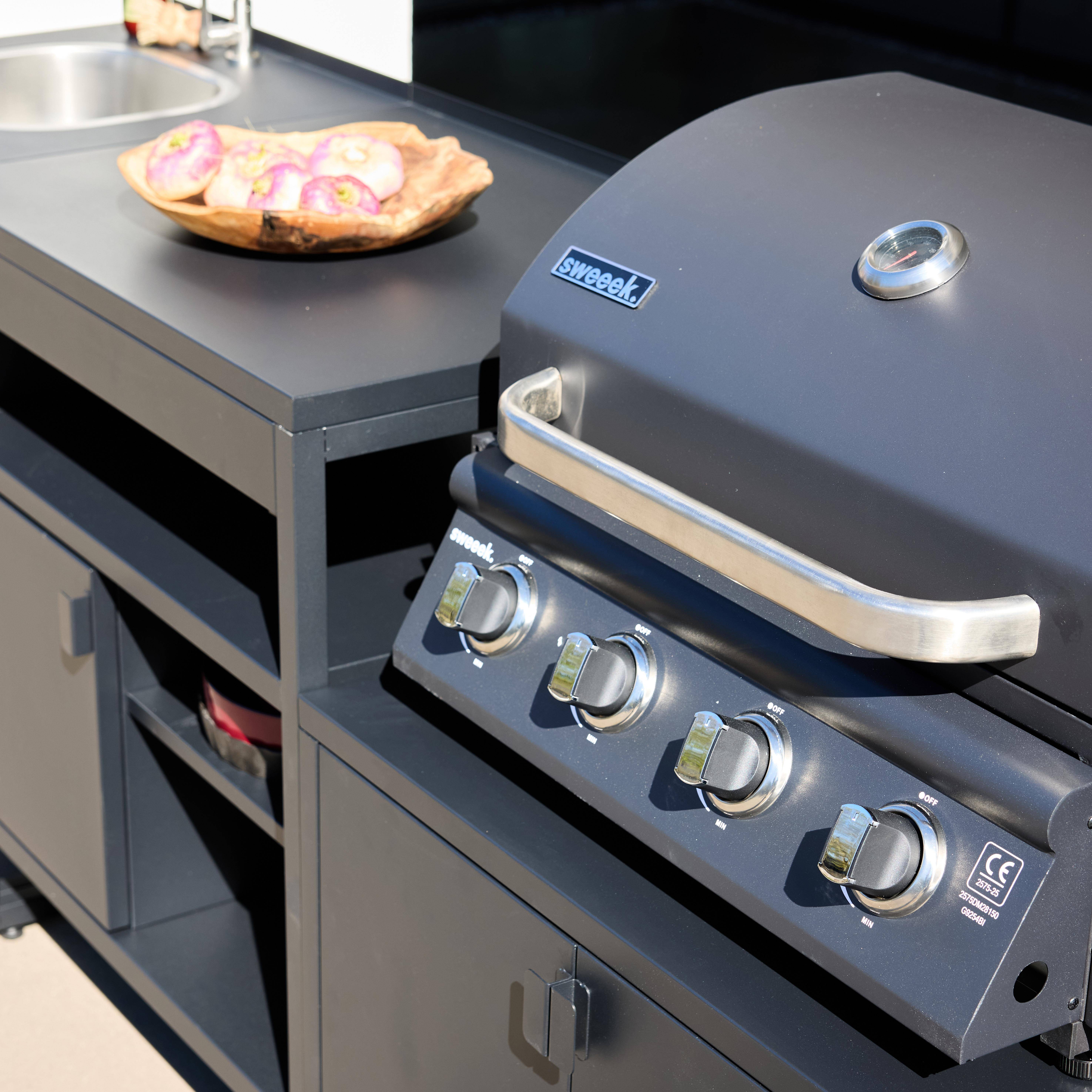 Buitenkeuken 3 modules roestvrij staal met gasbarbecue 4 branders zwart - Kea,sweeek,Photo4