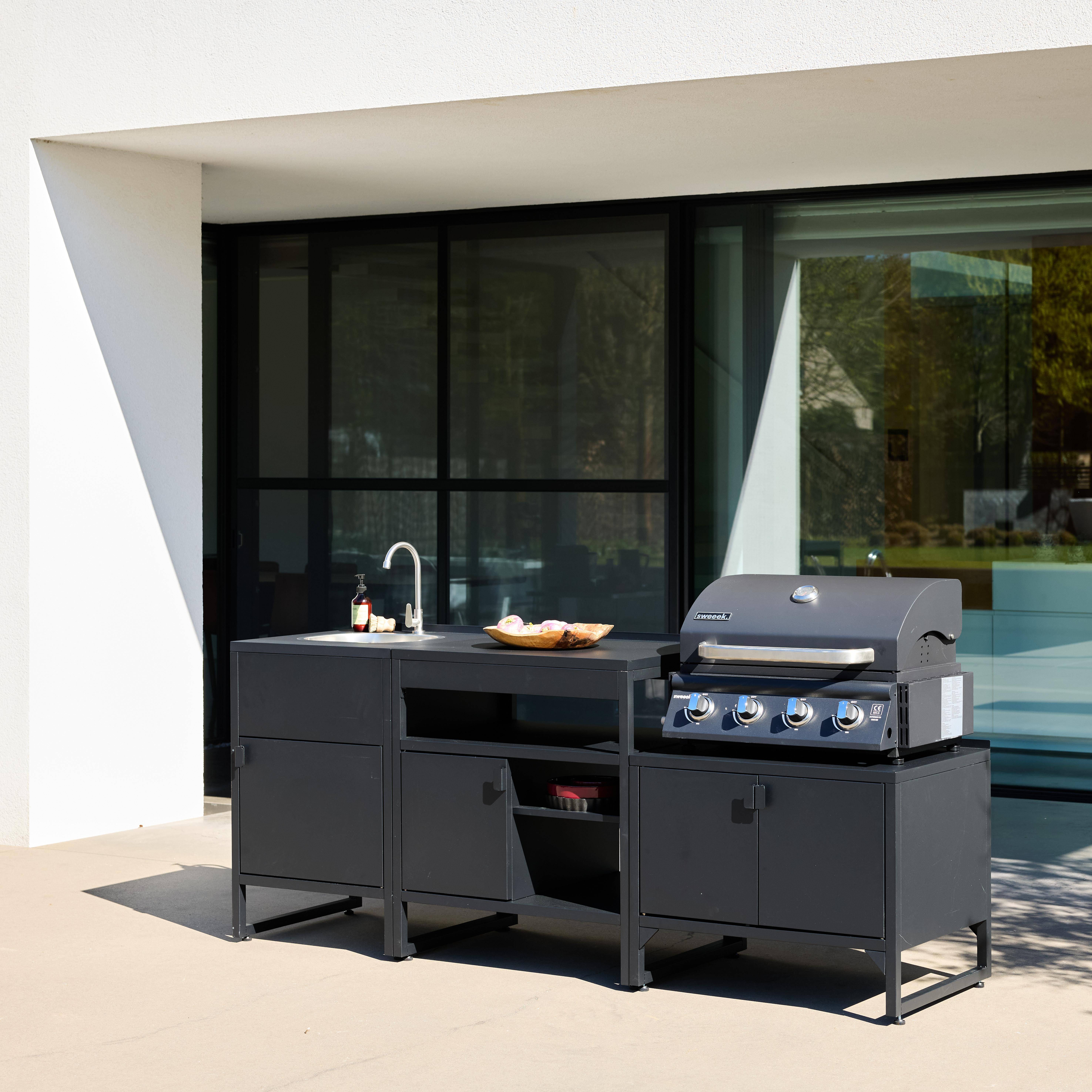Buitenkeuken 3 modules roestvrij staal met gasbarbecue 4 branders zwart - Kea Photo3