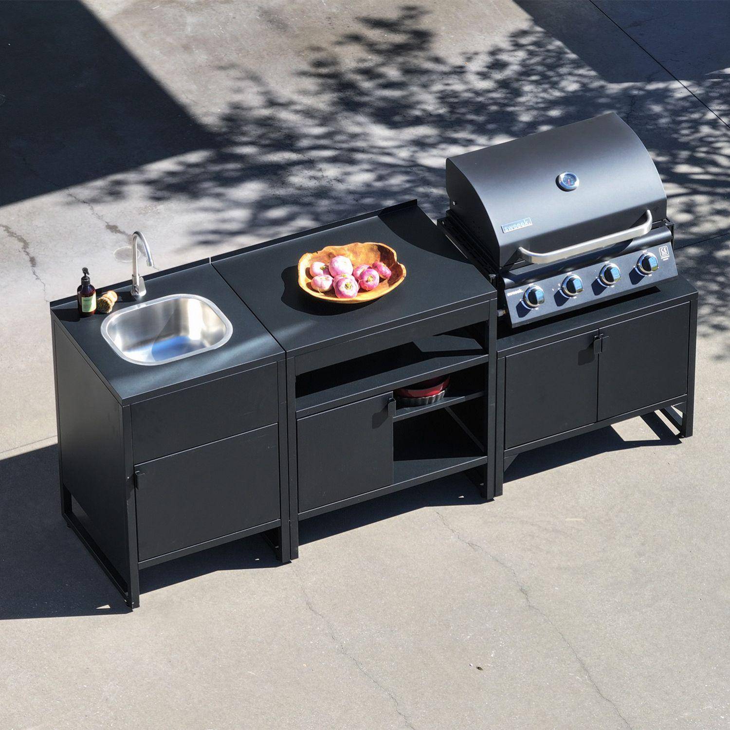 Buitenkeuken 3 modules roestvrij staal met gasbarbecue 4 branders zwart - Kea Photo2
