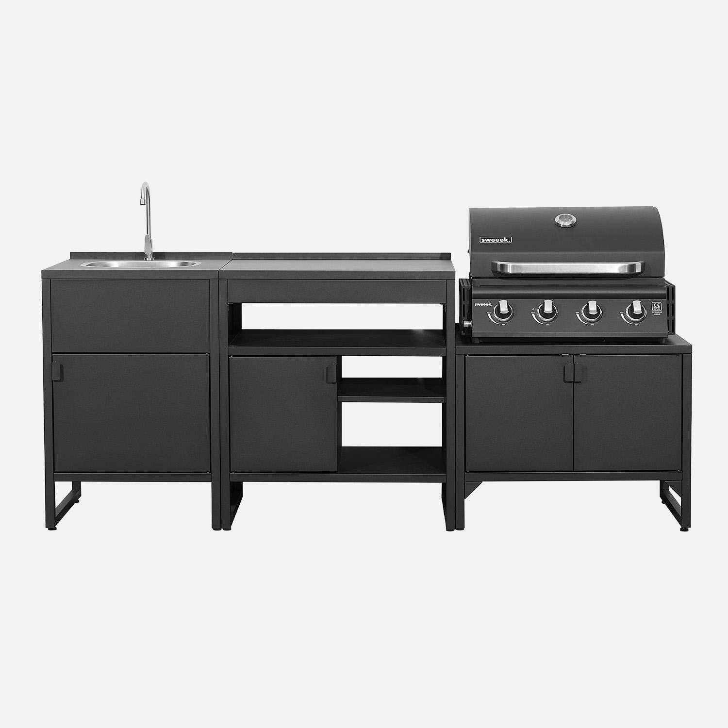 Buitenkeuken 3 modules roestvrij staal met gasbarbecue 4 branders zwart - Kea,sweeek,Photo5