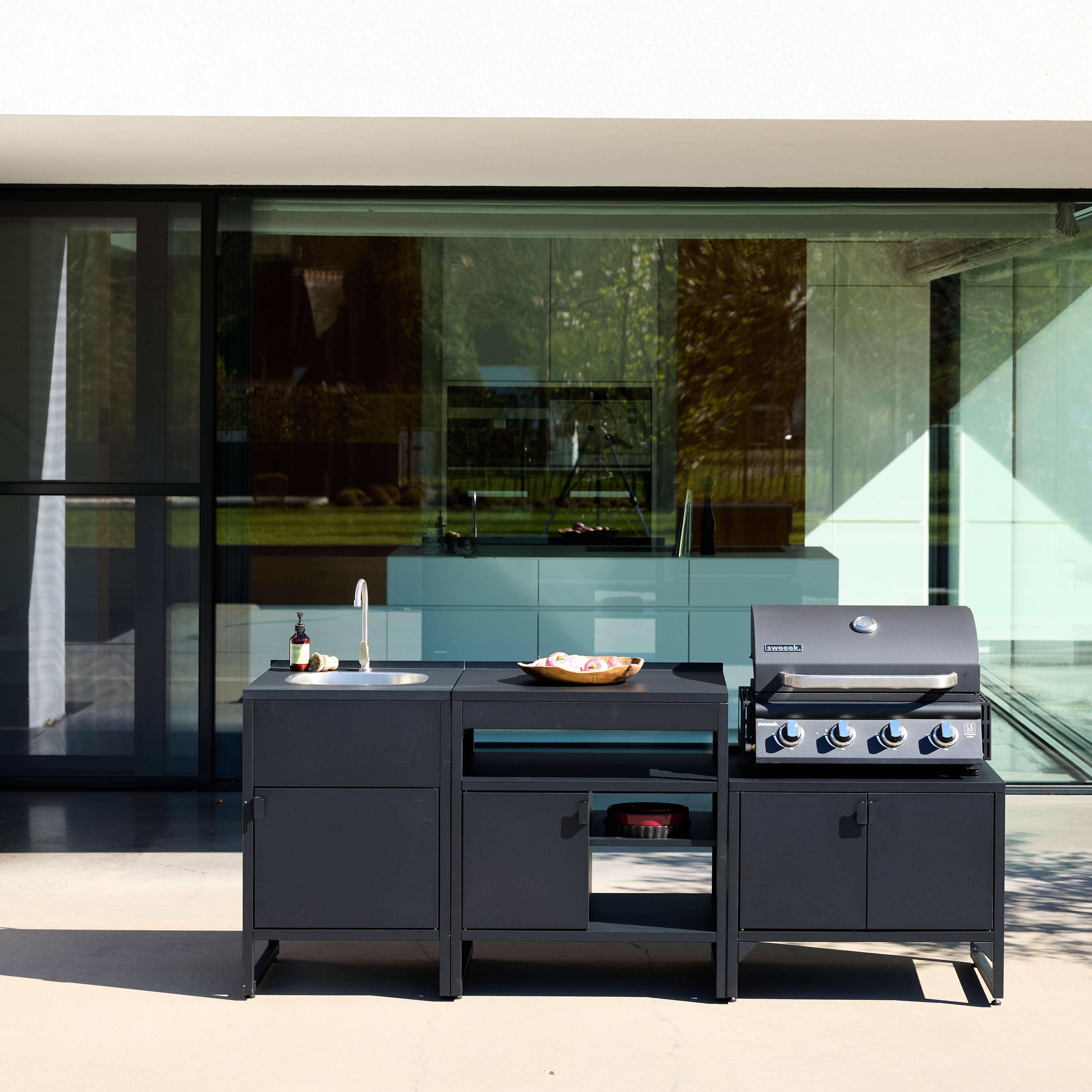 Buitenkeuken 3 modules roestvrij staal met gasbarbecue 4 branders zwart - Kea,sweeek,Photo1