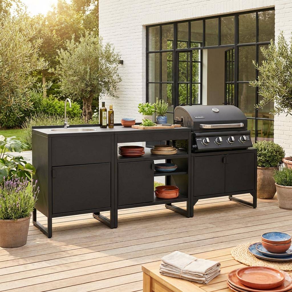 Cuisine extérieure 3 modules acier inoxydable avec barbecue gaz 4 brûleurs noir - Kea,sweeek,Photo1