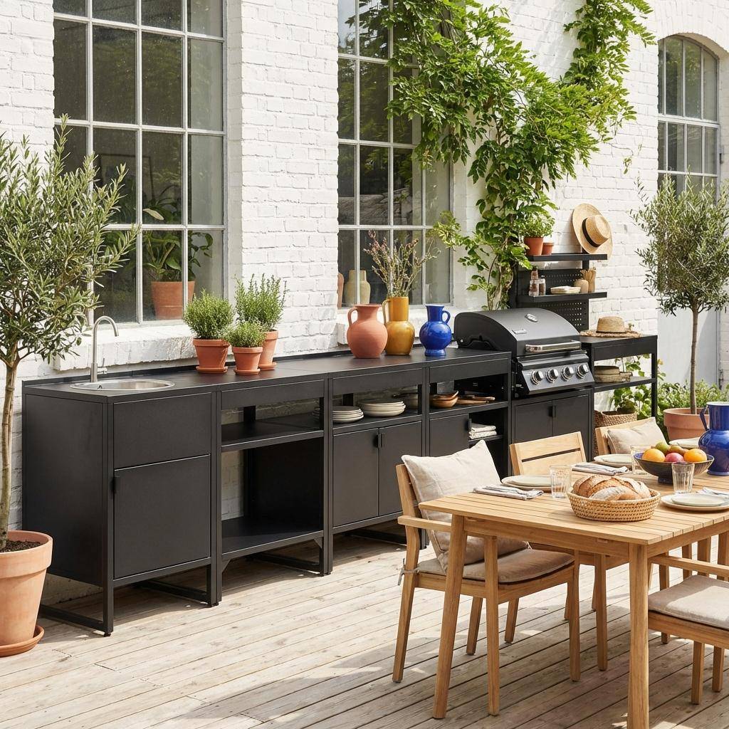 Cuisine extérieure 6 modules acier inoxydable avec barbecue gaz 4 brûleurs noir - Kea Photo1