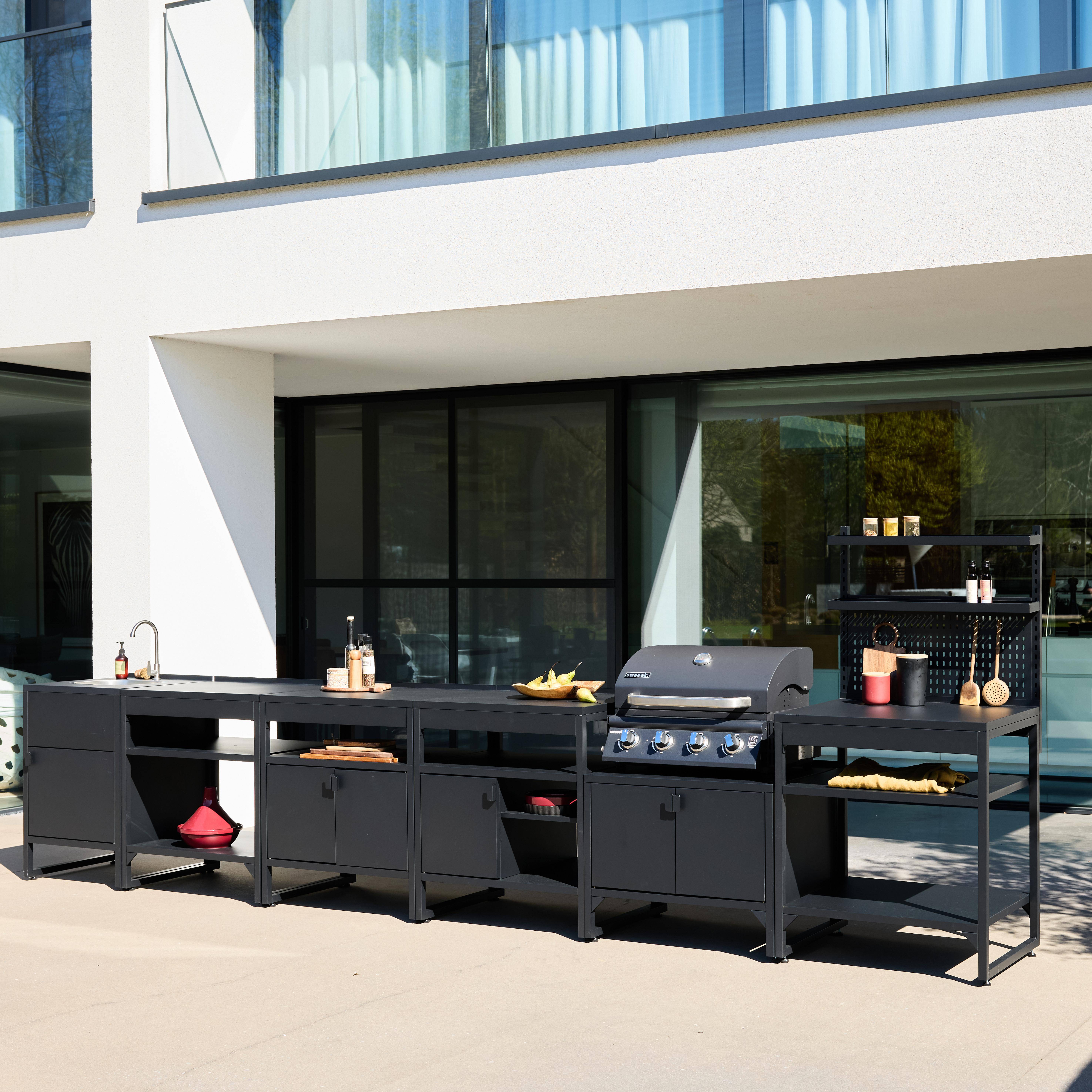Buitenkeuken 6 modules roestvrij staal met gasbarbecue 4 branders zwart - Kea,sweeek,Photo2