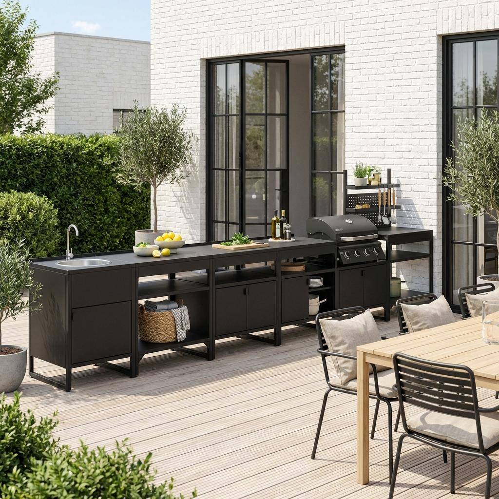 Cuisine extérieure 6 modules acier inoxydable avec barbecue gaz 4 brûleurs noir - Kea Photo2