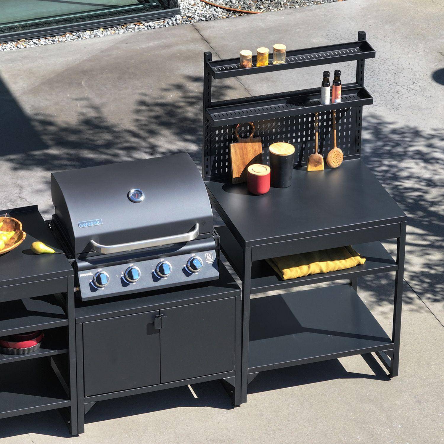 Buitenkeuken 6 modules roestvrij staal met gasbarbecue 4 branders zwart - Kea Photo5
