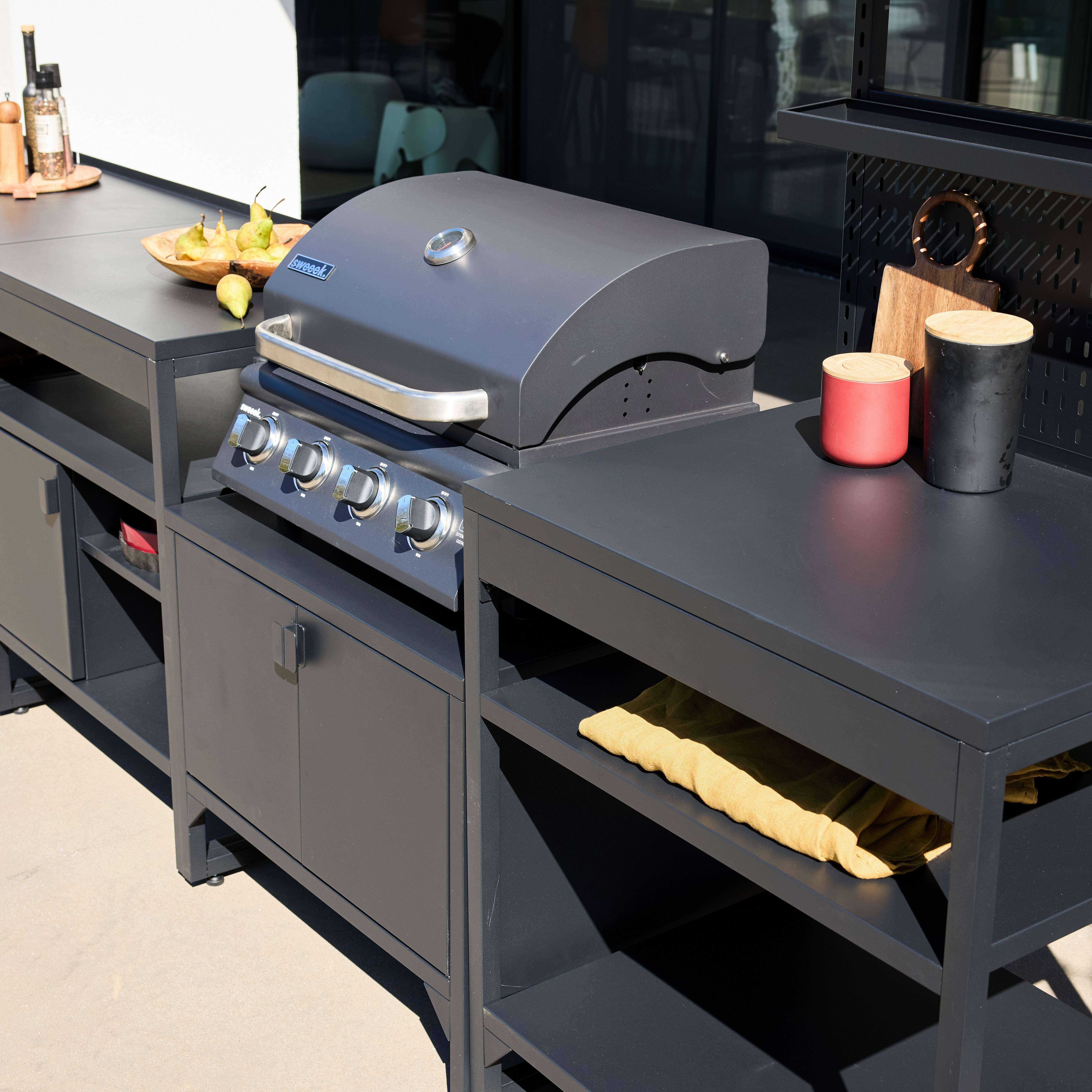 Buitenkeuken 6 modules roestvrij staal met gasbarbecue 4 branders zwart - Kea Photo3