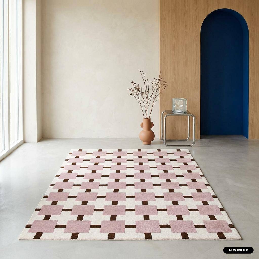 Tappeto da interno con motivo a quadri rosa e marrone - 230x160x0.7 cm Photo1
