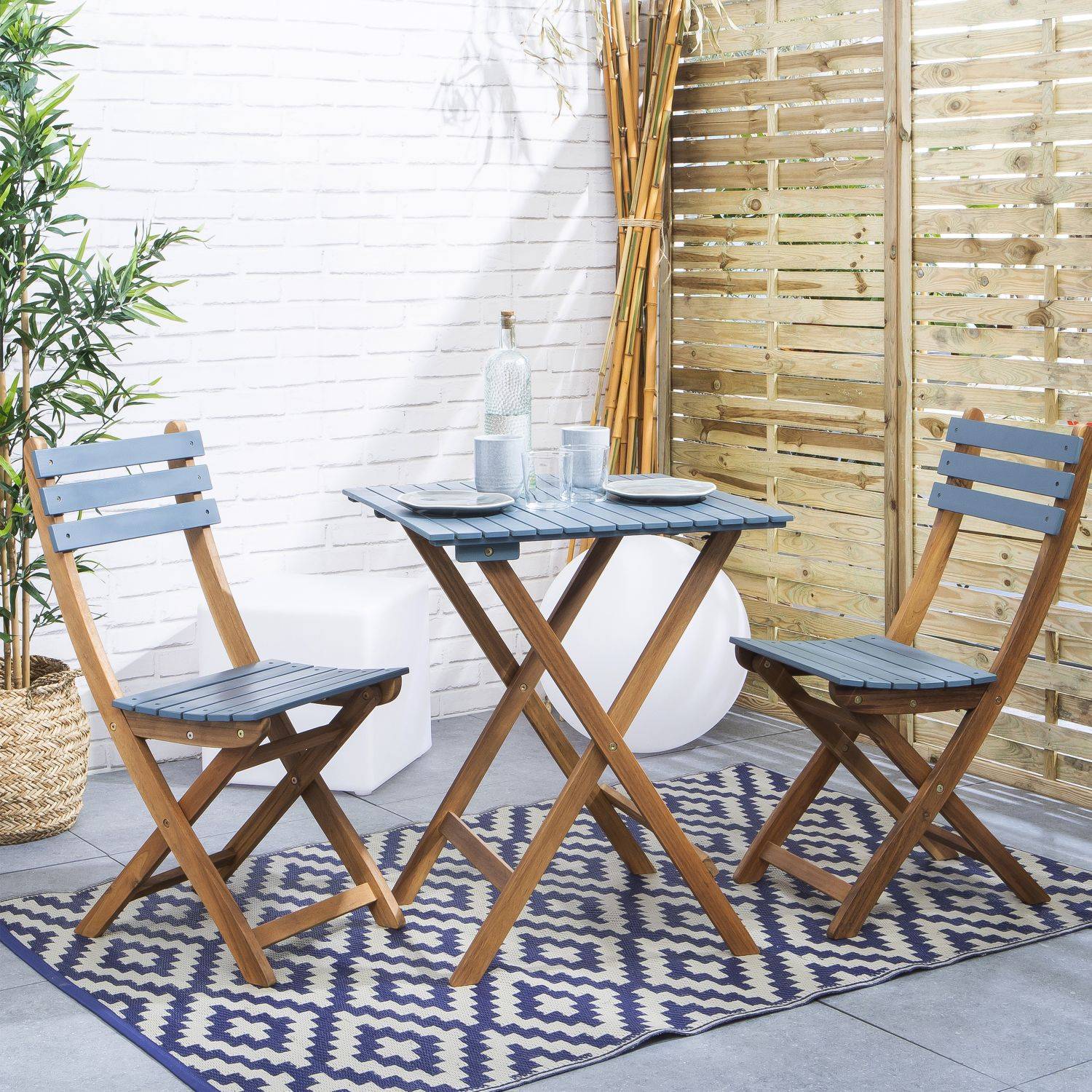 2-seater foldable wooden bistro garden table with chairs, 60x60cm - Barcelona - Grey Blue,sweeek,Photo1