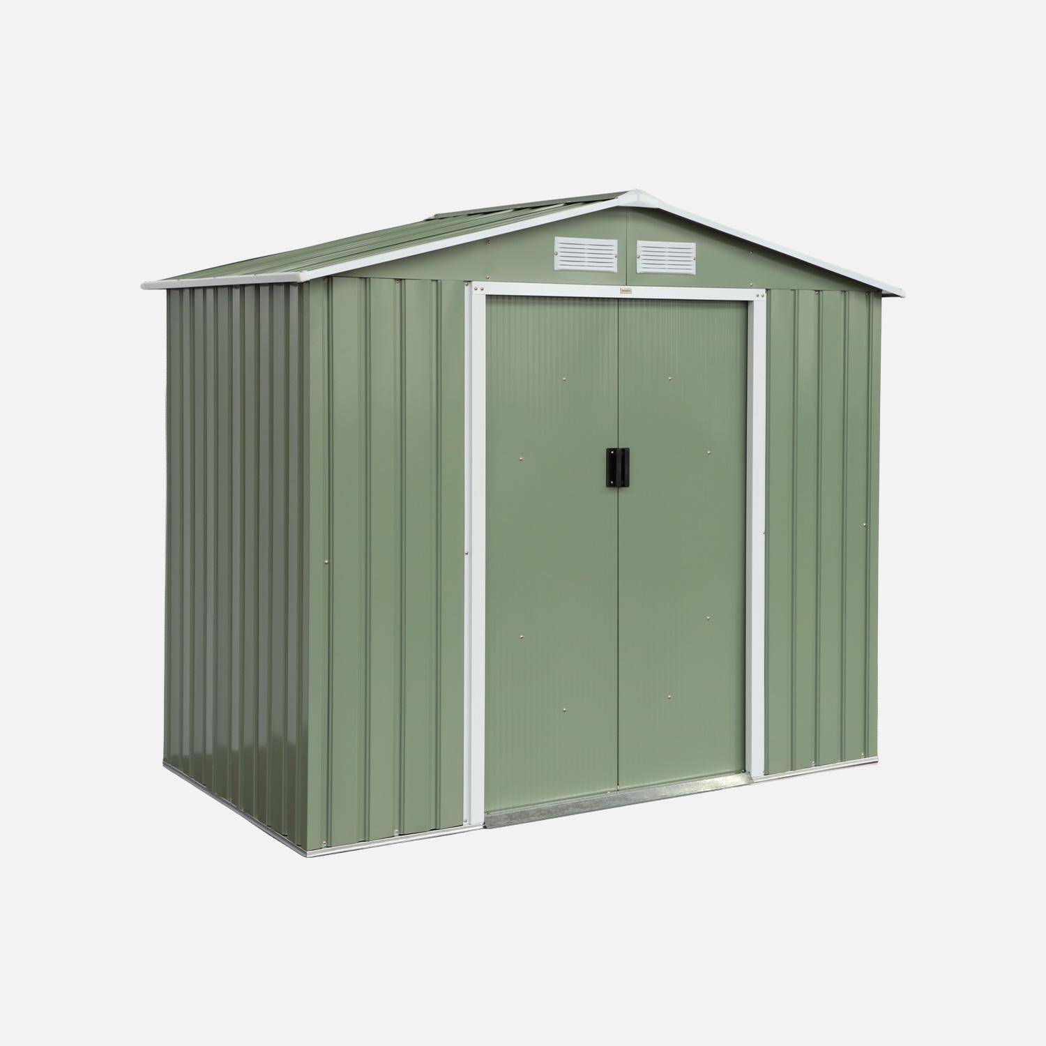 Abri de jardin en métal - Houtland, 2,71 m² vert clair- Cabane à outils avec double portes coulissantes, kit de fixation sol inclus, L 213 x P 131 x H 185cm,sweeek,Photo3