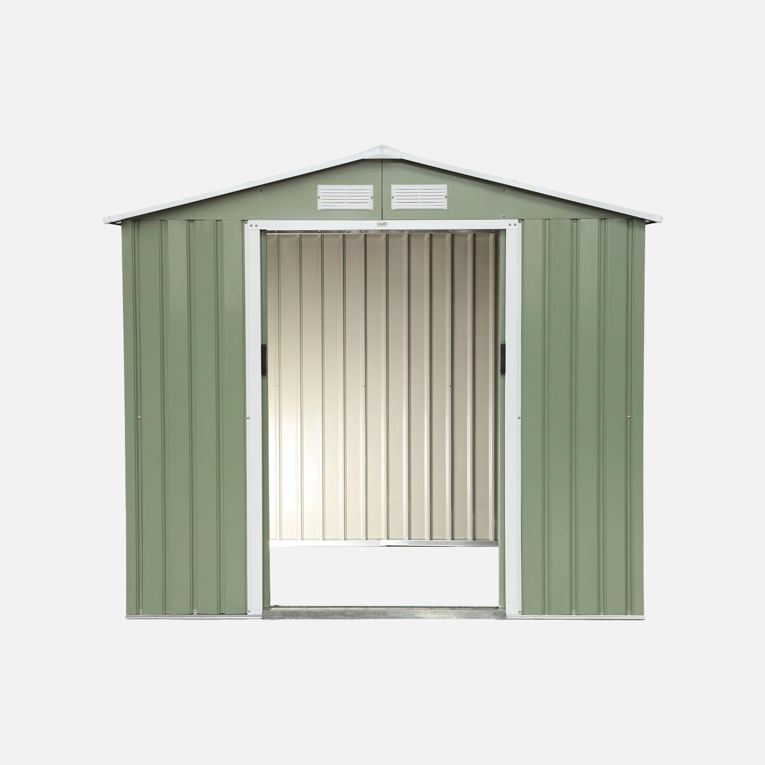 Abri de jardin en métal - Houtland, 2,71 m² vert clair- Cabane à outils avec double portes coulissantes, kit de fixation sol inclus, L 213 x P 131 x H 185cm Photo3