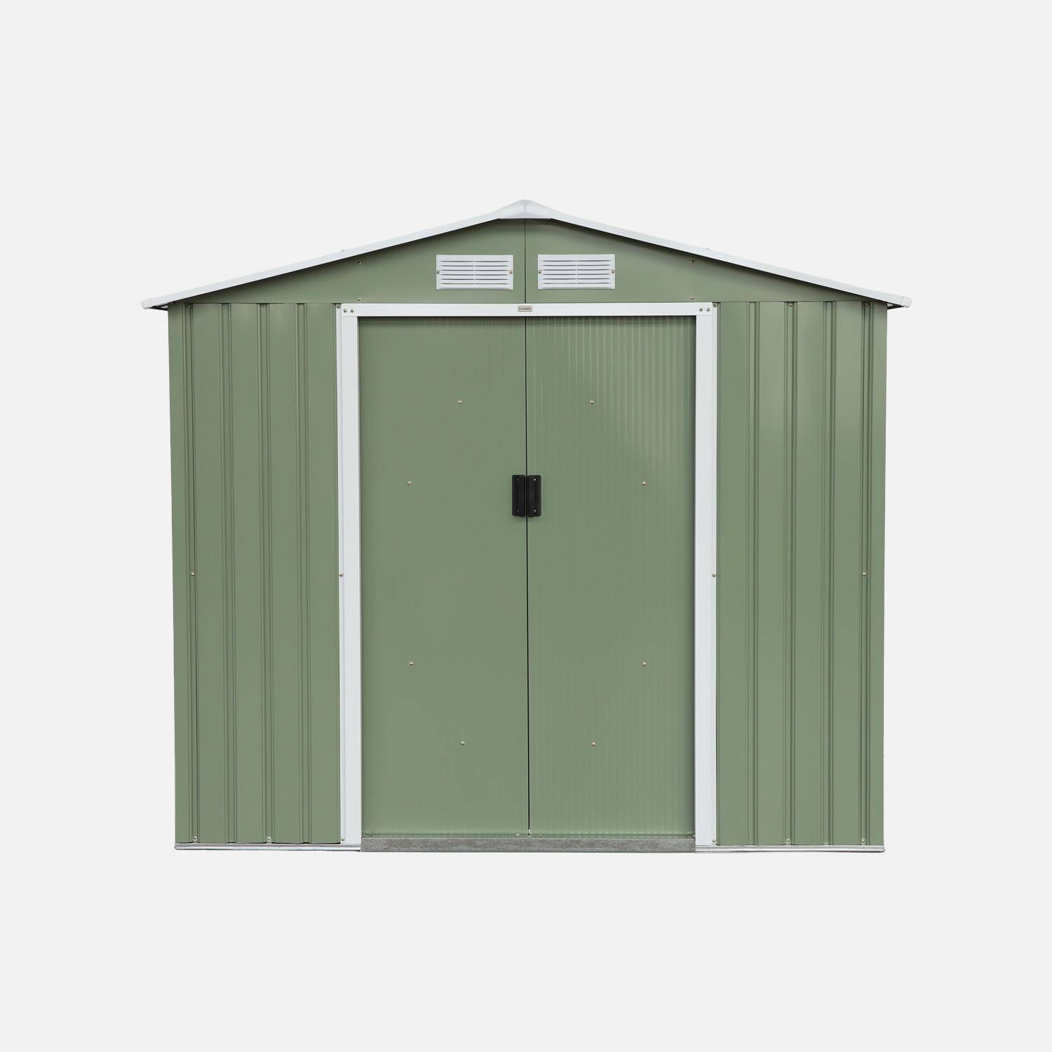 Abri de jardin en métal - Houtland, 2,71 m² vert clair- Cabane à outils avec double portes coulissantes, kit de fixation sol inclus, L 213 x P 131 x H 185cm Photo2