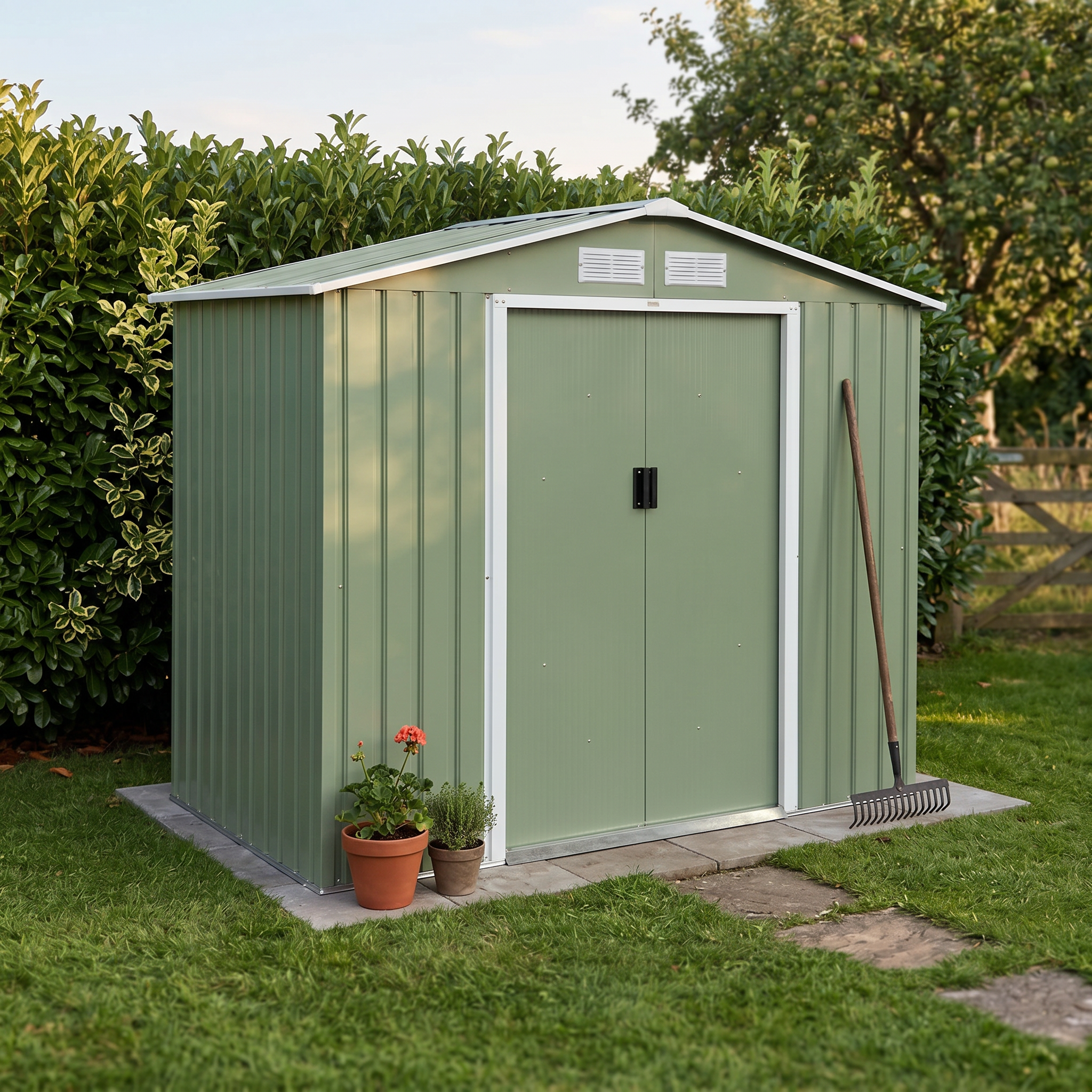 Abri de jardin en métal - Houtland, 2,71 m² vert clair- Cabane à outils avec double portes coulissantes, kit de fixation sol inclus, L 213 x P 131 x H 185cm Photo2