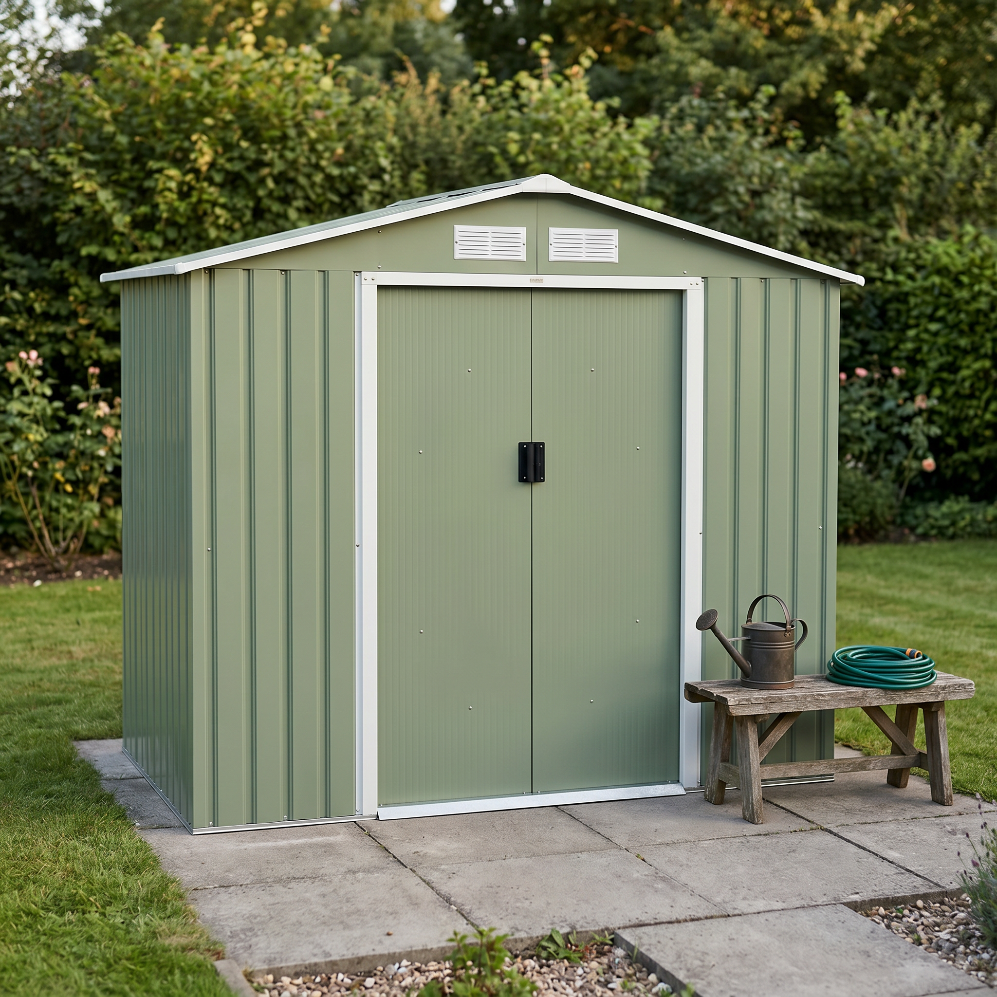 Abri de jardin en métal - Houtland, 2,71 m² vert clair- Cabane à outils avec double portes coulissantes, kit de fixation sol inclus, L 213 x P 131 x H 185cm Photo1