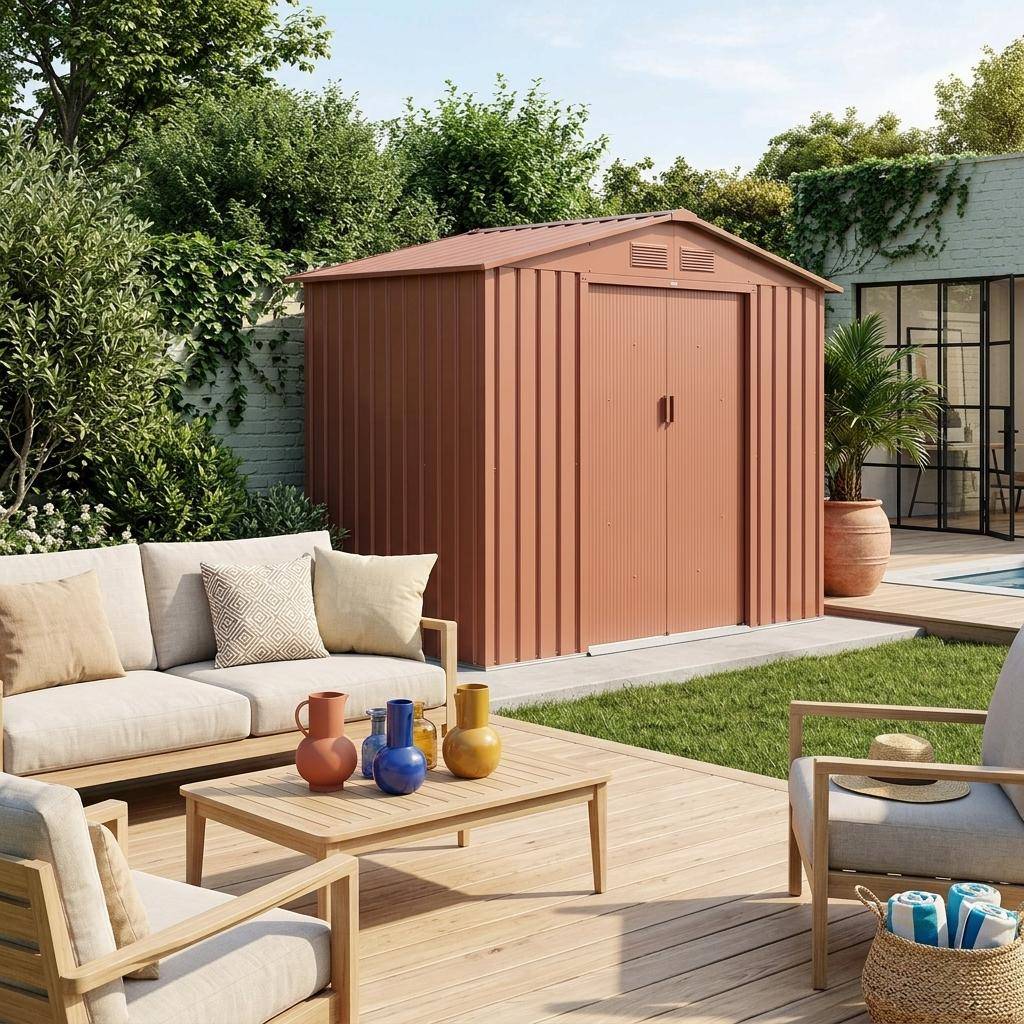 Abri de jardin en métal - Houtland, 2,71 m² terracotta - Cabane à outils avec double portes coulissantes, kit de fixation sol inclus, L 213 x P 131 x H 185cm Photo1