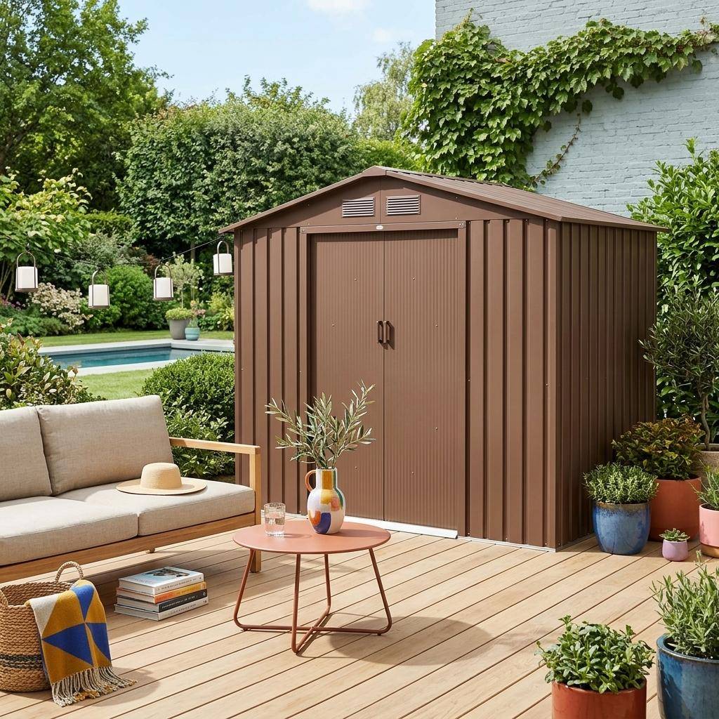 Abri de jardin en métal - Houtland, 2,71 m² terracotta - Cabane à outils avec double portes coulissantes, kit de fixation sol inclus, L 213 x P 131 x H 185cm,sweeek,Photo1