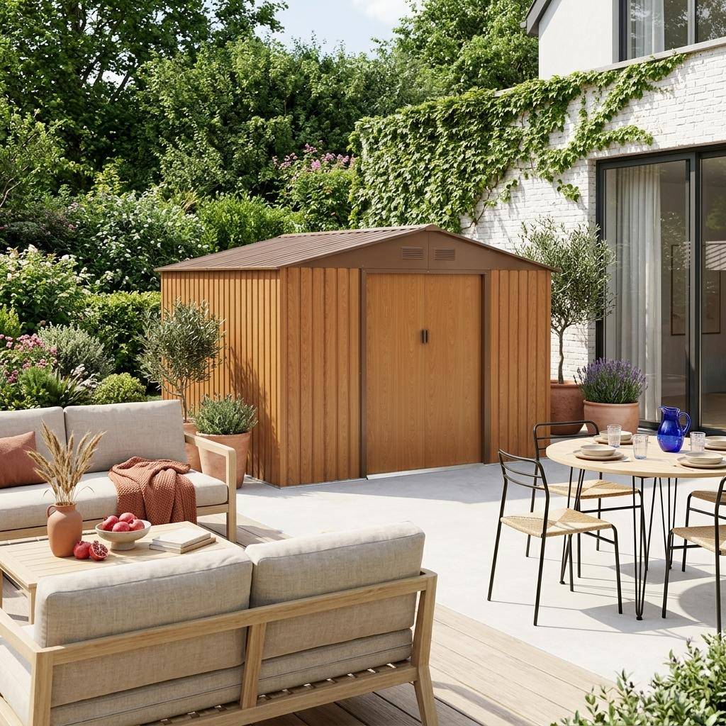 Abri de jardin en métal - Calaisis - 7,06m² bois et marron - Cabane à outils avec deux portes coulissantes, kit de fixation sol inclus, maison de rangement, remise Photo1
