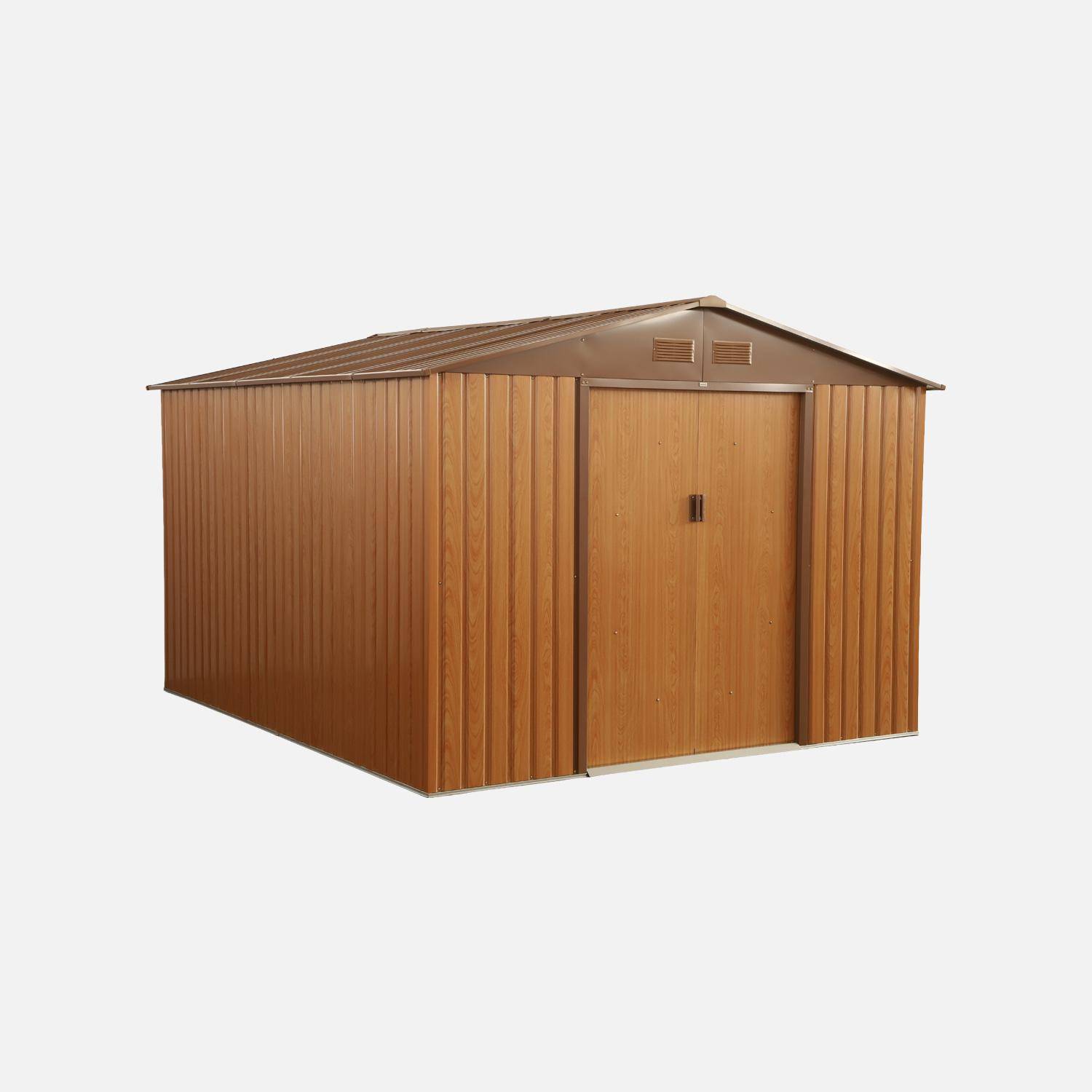 Abri de jardin en métal - Flandres 8,84m² bois et marron - Cabane à outils avec deux grandes portes coulissantes, kit de fixation sol inclus, maison de rangement, remise Photo1