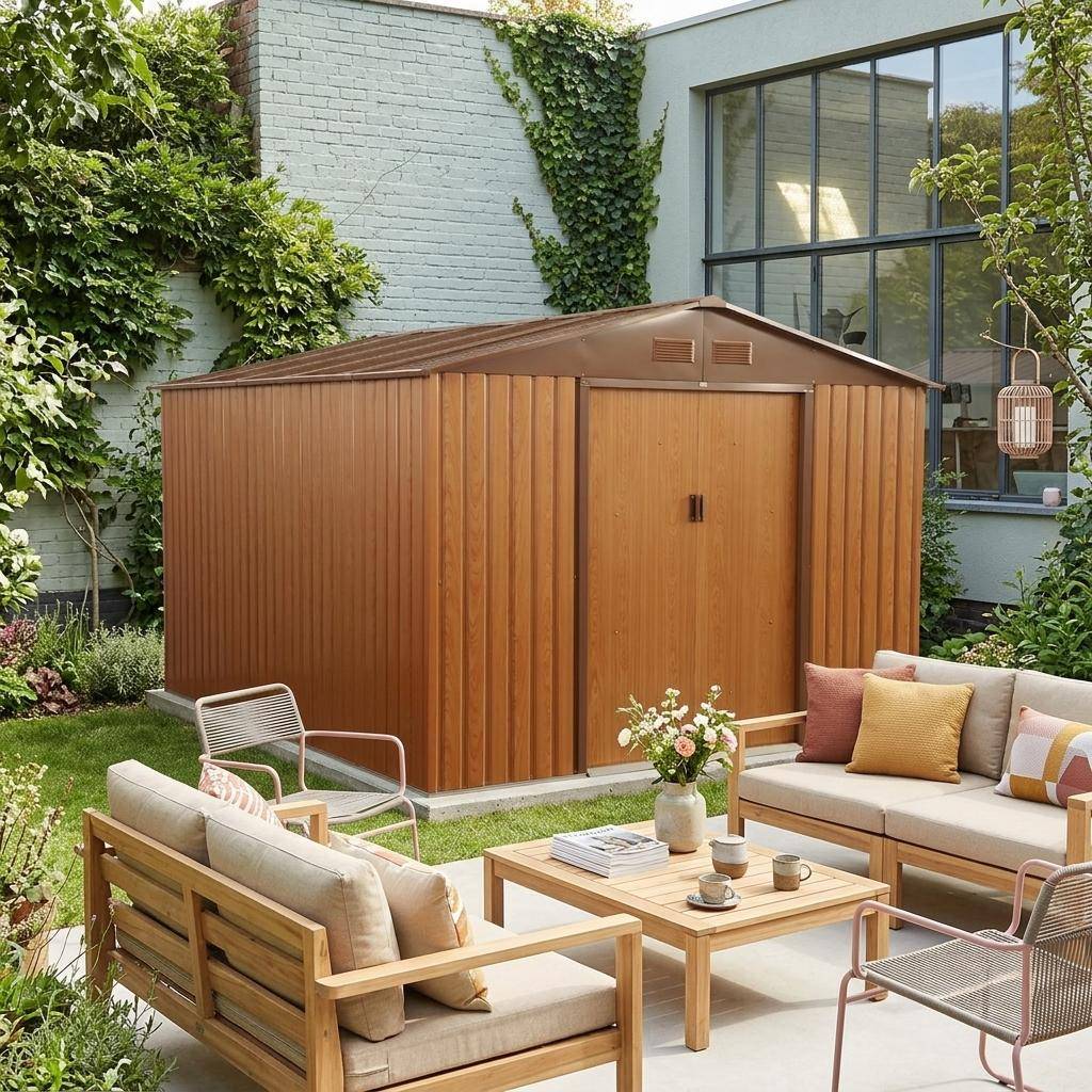 Abri de jardin en métal - Flandres 8,84m² bois et marron - Cabane à outils avec deux grandes portes coulissantes, kit de fixation sol inclus, maison de rangement, remise,sweeek,Photo1
