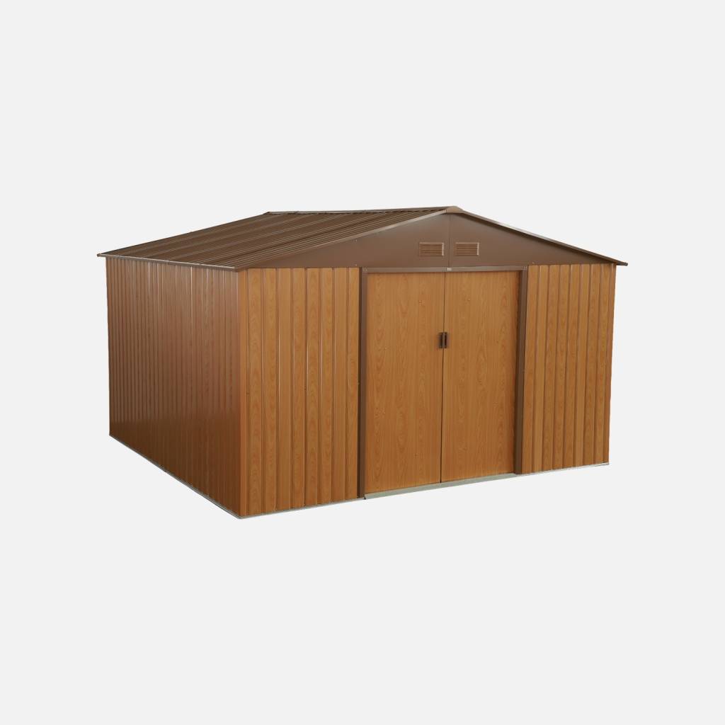 Abri de jardin métal, 10,85m² bois et marron