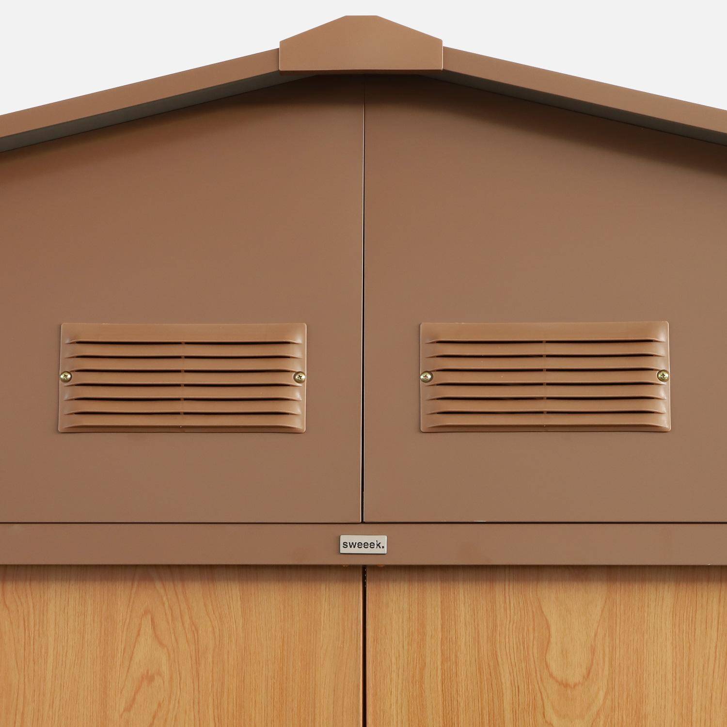 Abri de jardin en métal - Boulonnais - 10,85m² bois et marron - Cabane à outils avec deux portes coulissantes, kit de fixation sol inclus, maison de rangement, remise,sweeek,Photo4