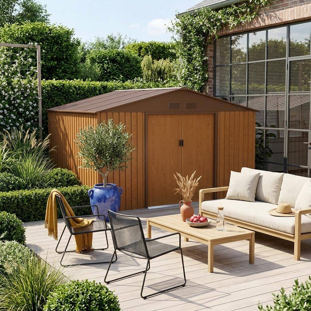 Abri de jardin en métal - Boulonnais - 10,85m² bois et marron - Cabane à outils avec deux portes coulissantes, kit de fixation sol inclus, maison de rangement, remise Photo1
