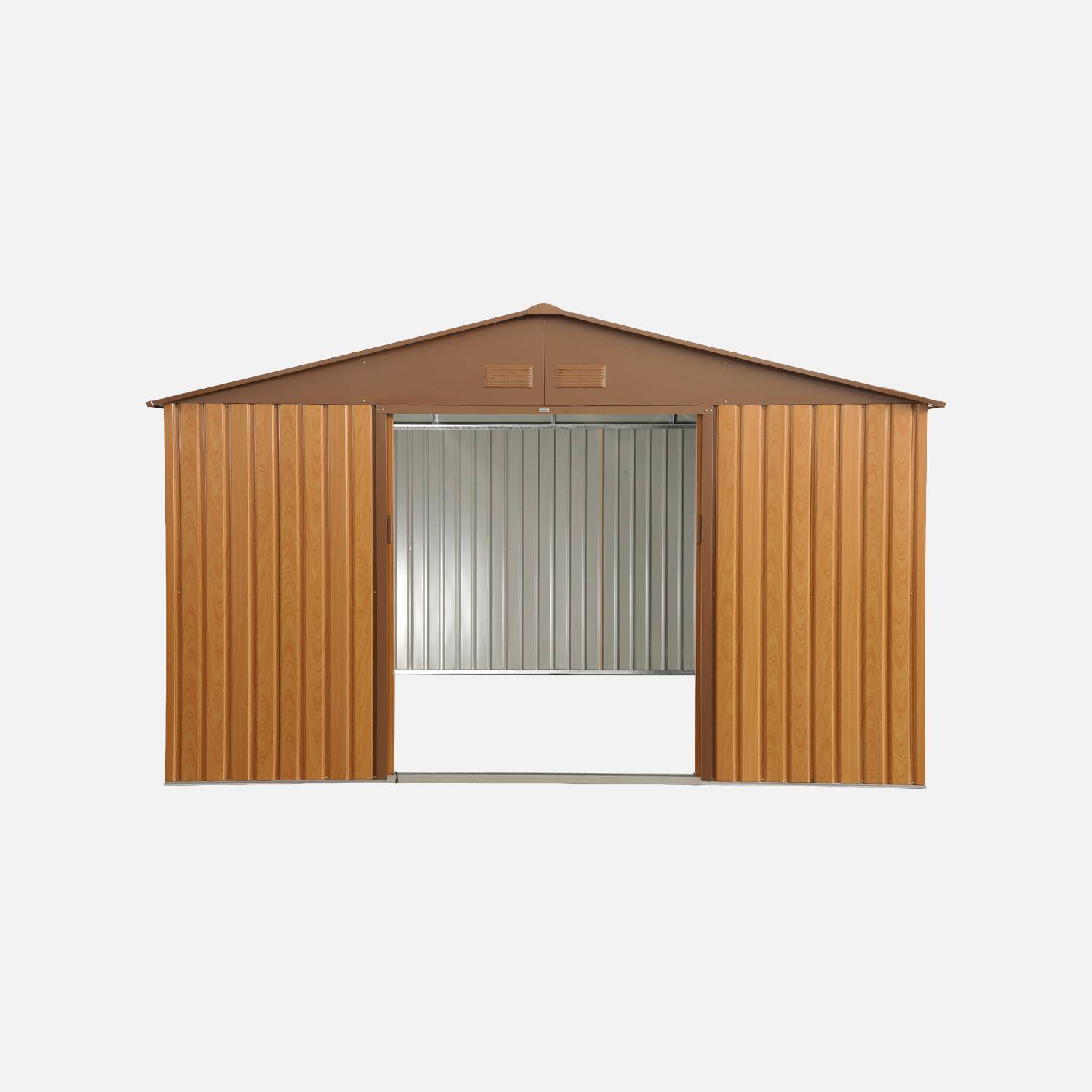 Abri de jardin en métal - Boulonnais - 10,85m² bois et marron - Cabane à outils avec deux portes coulissantes, kit de fixation sol inclus, maison de rangement, remise Photo3