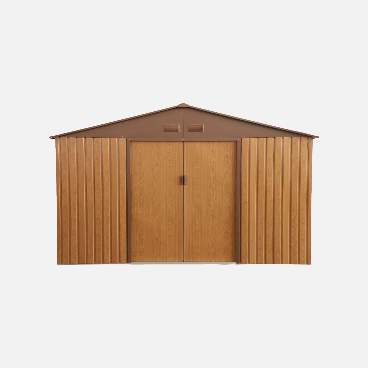 Abri de jardin en métal - Boulonnais - 10,85m² bois et marron - Cabane à outils avec deux portes coulissantes, kit de fixation sol inclus, maison de rangement, remise,sweeek,Photo2