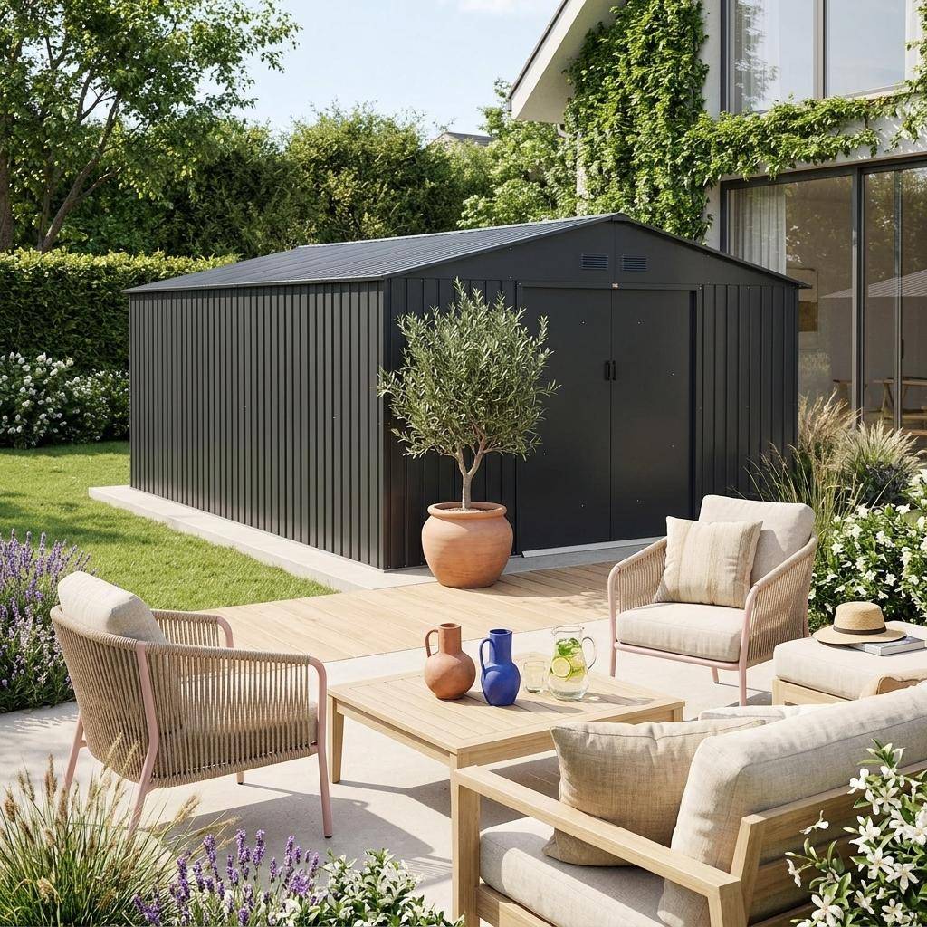 Abri de jardin acier galvanisé 15,35m² avec kit d'ancrage anthracite - Viroloix,sweeek,Photo1