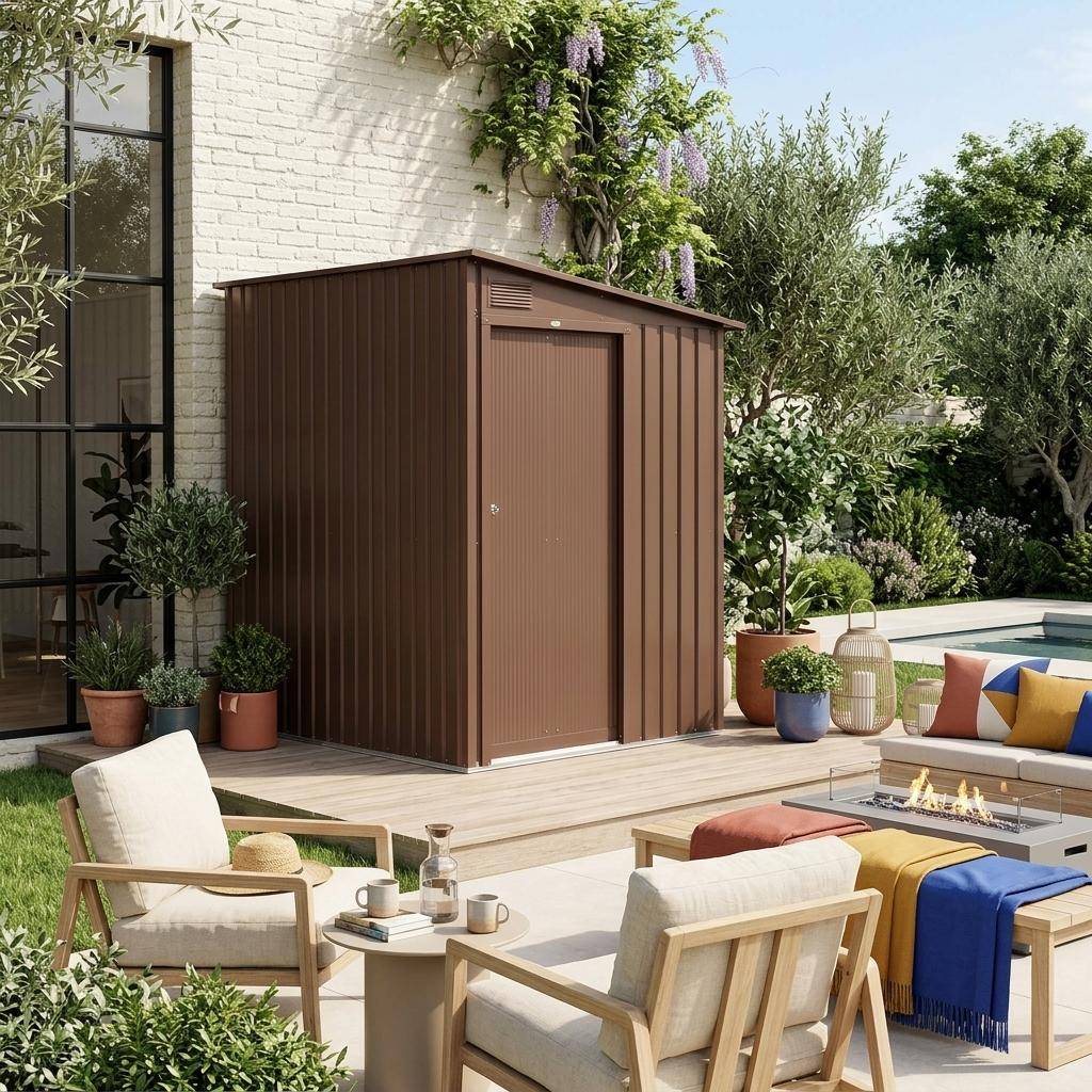 Abri de jardin adossable acier galvanisé 2,91m² avec porte coulissante et kit d'ancrage terracotta - Bray Photo1