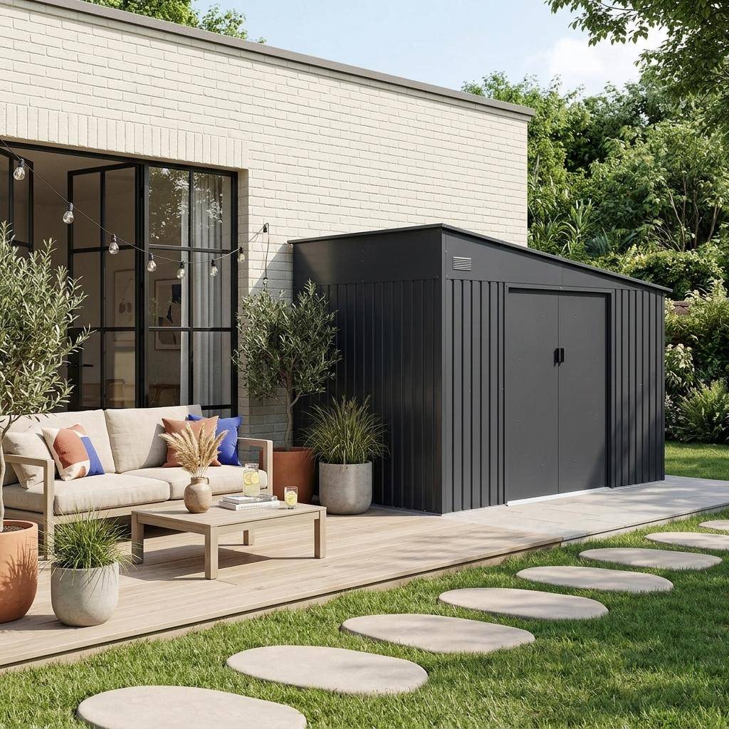 Abri de jardin adossable acier galvanisé 11,01 m² avec kit d'ancrage anthracite - Santerre,sweeek,Photo1