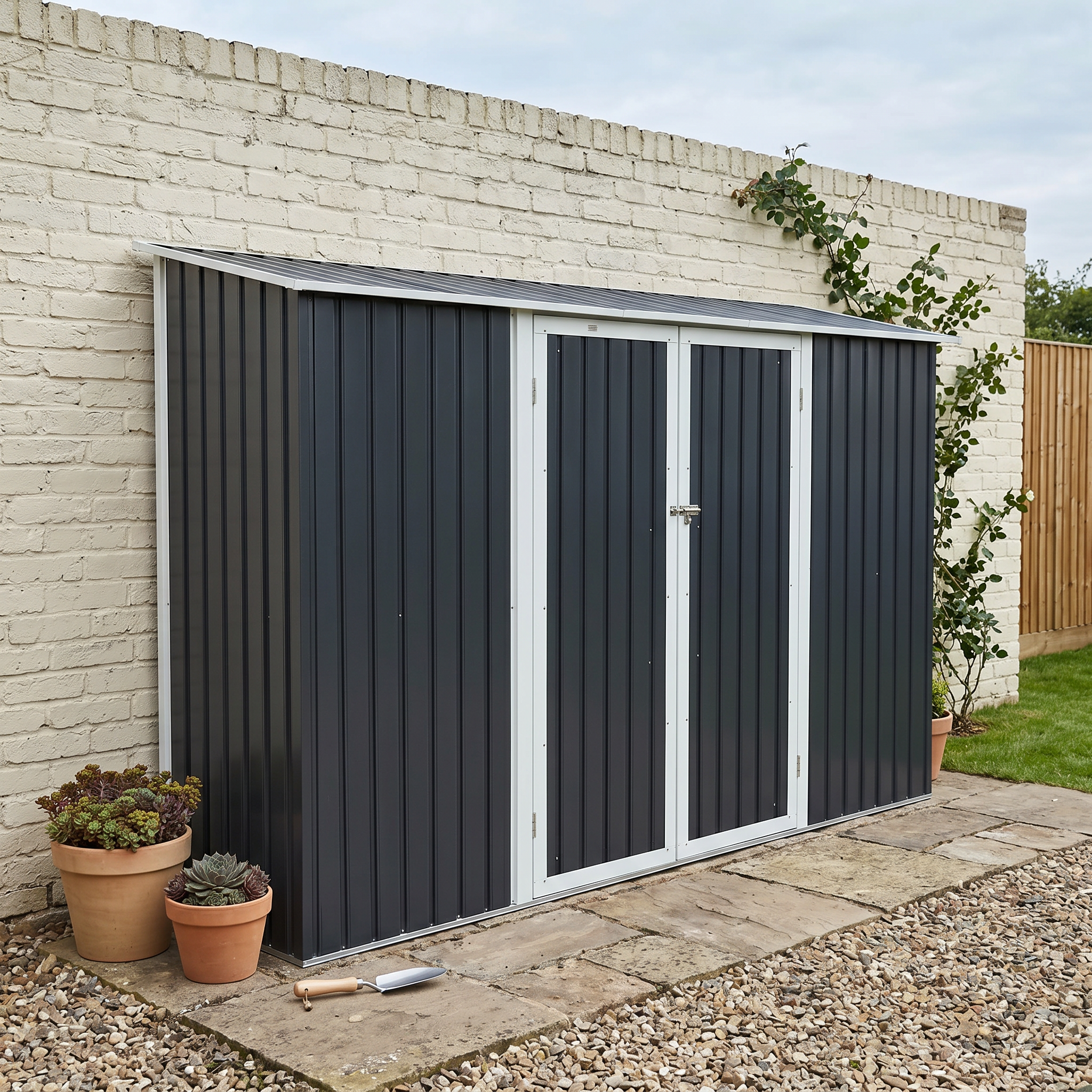 Abri de jardin à adosser acier galvanisé 2,57 m² avec kit d'ancrage anthracite et blanc - Vimeu Photo1