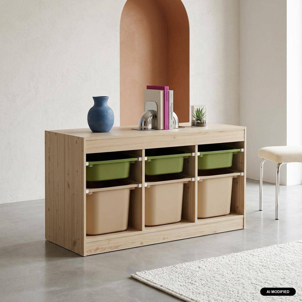 Children's storage furniture wood decor 6 bins olive green and beige 96x38.5x53 cm - Sora Photo1