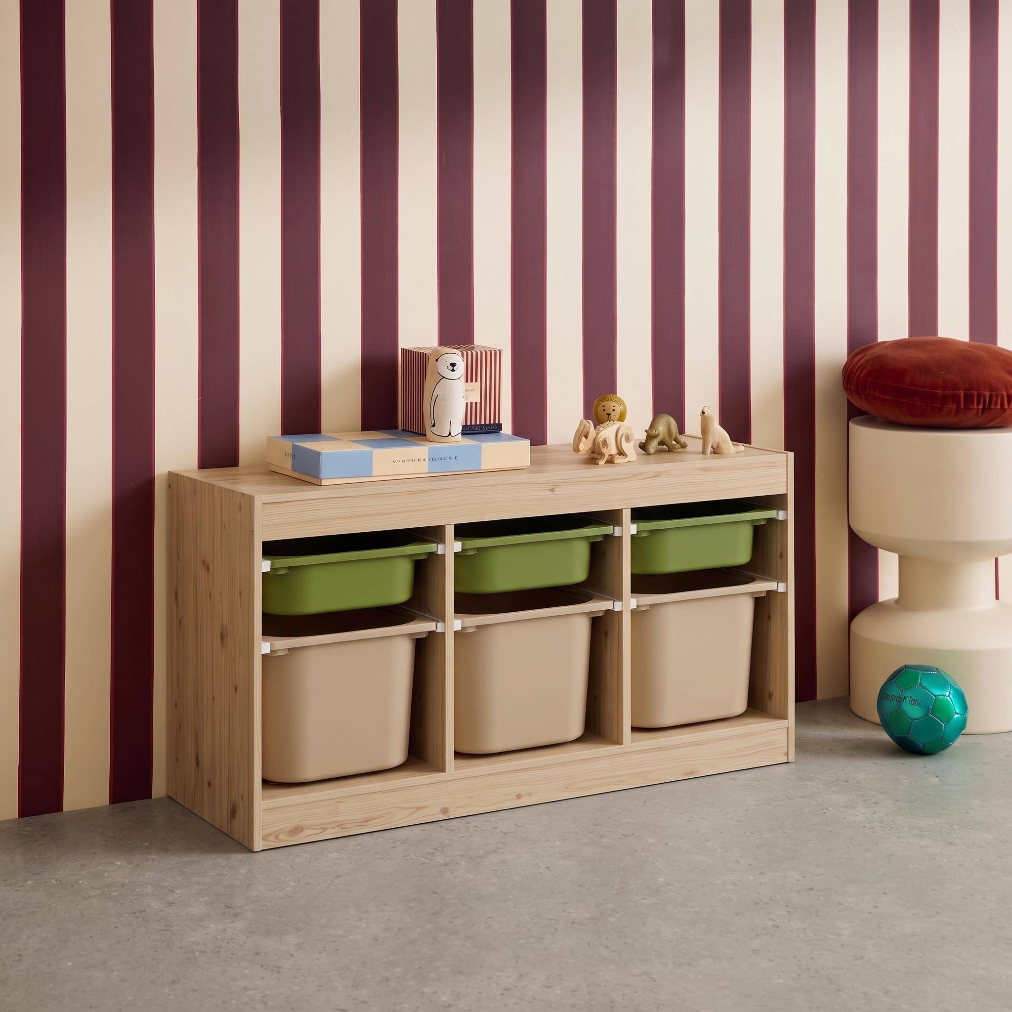 Meuble de rangement pour enfant décor bois 6 bacs vert olive et beige - Sora Photo2