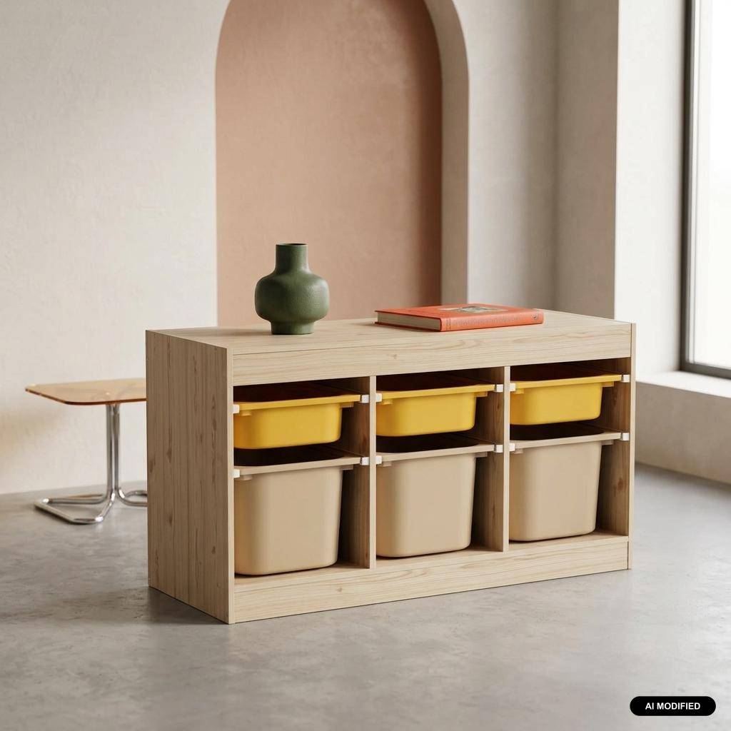 Children's storage furniture wood decor 6 storage bins mustard yellow and beige 96x38.5x53 cm - Sora Photo1