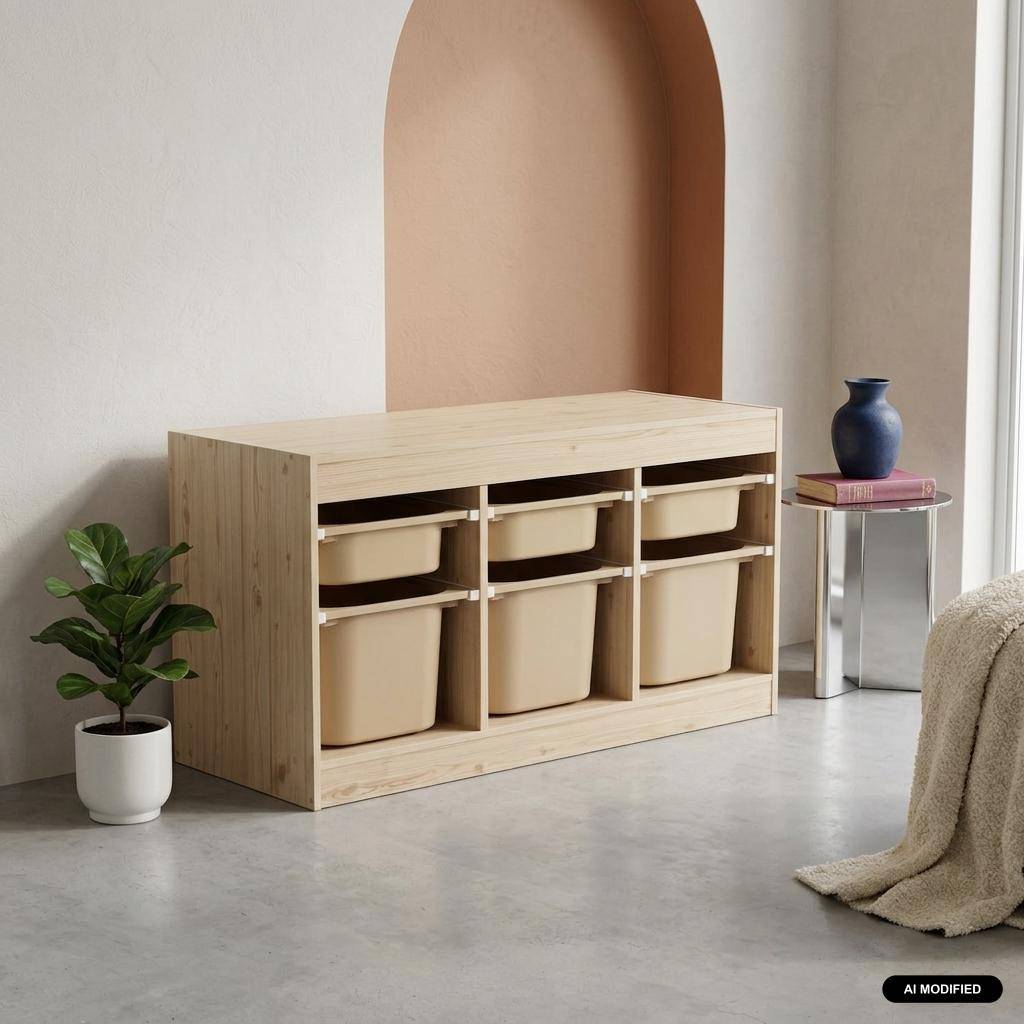 Meuble de rangement pour enfant décor bois 6 bacs beige - Sora Photo1