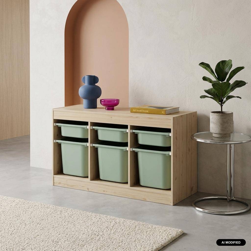 Children's storage furniture wood decor 6 storage bins greenish-grey 96x38.5x53 cm - Sora Photo1