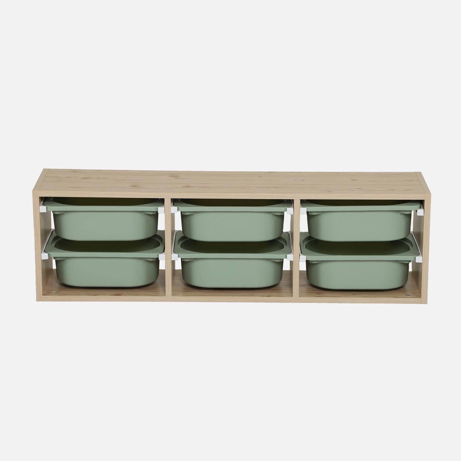 Mueble de almacenamiento infantil horizontal, 6 cajas coloridas, Sora, Verde grisáceo, 97.5x21x29.4 cm,sweeek,Photo3