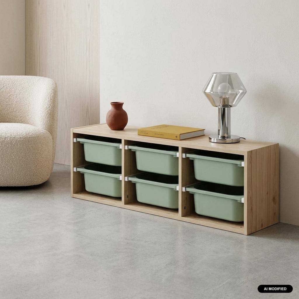 Mueble de almacenamiento infantil horizontal, 6 cajas coloridas, Sora, Verde grisáceo, 97.5x21x29.4 cm Photo1