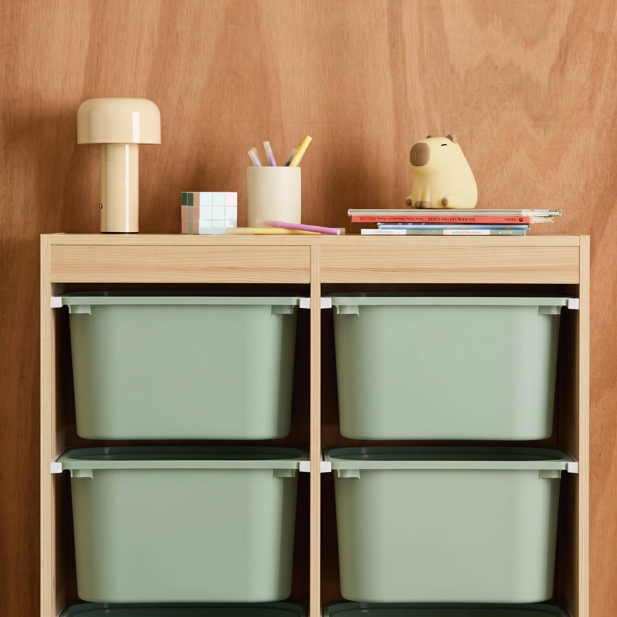 Children storage unit with 6 colourful bins, natural, greenish-grey 81x30x91 cm - Sora Photo3